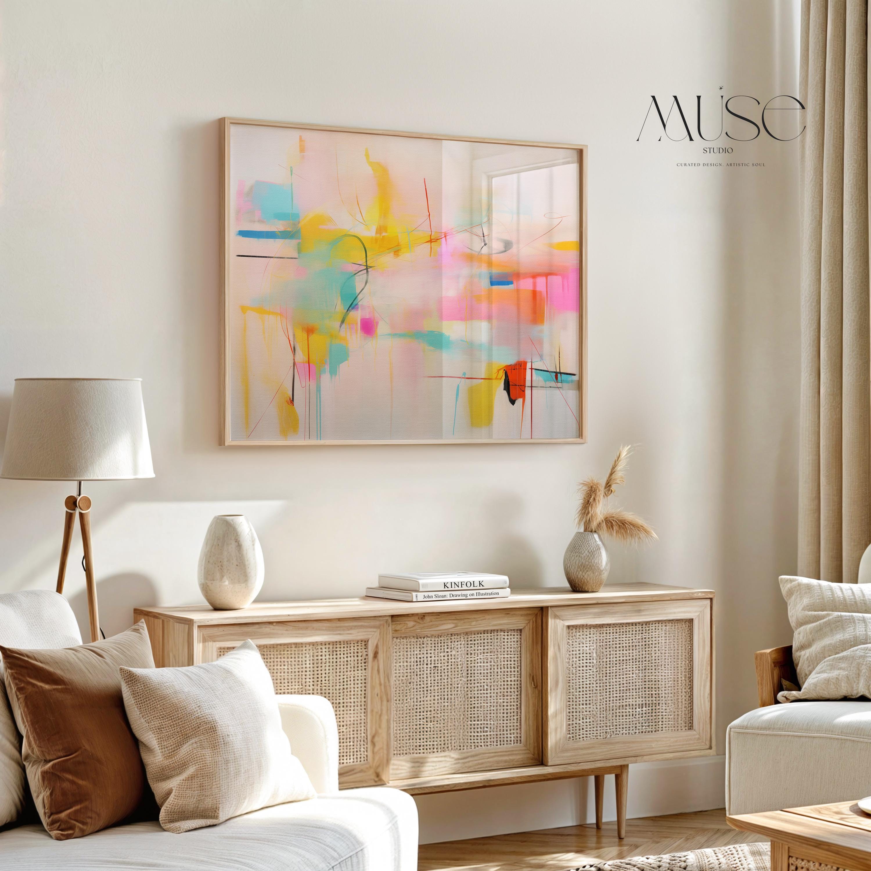 Soft Pastel Abstract Art Print in Pink Yellow Aqua and Orange Retro Dopamine Decor Art Horizontal Colorful Wall Art for Office Home 031