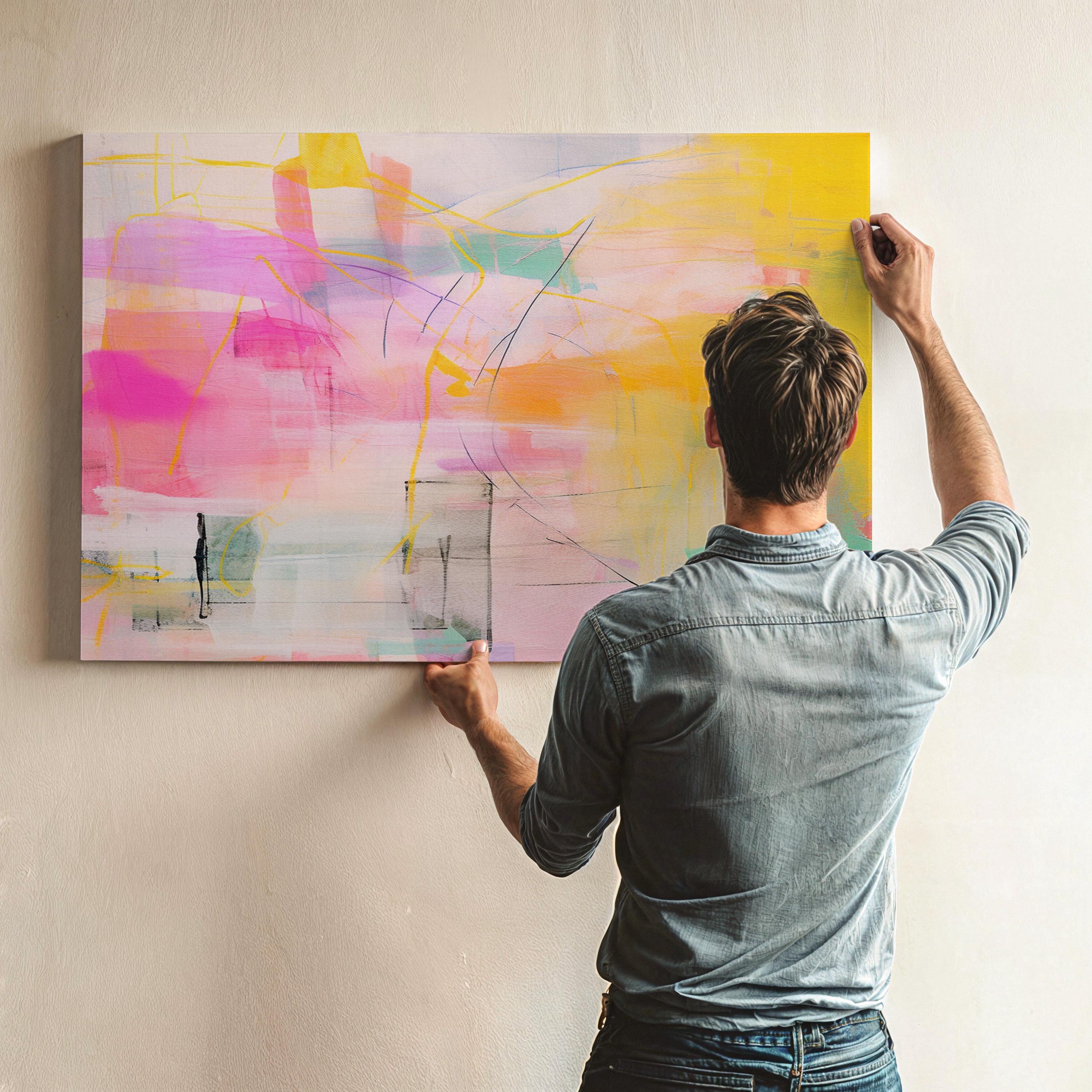 Stretched Canvas Art Large abstract wall decor on stretched canvas, gallery-wrapped and ready to hang. Perfect for colorful wall art in living rooms, office spaces, and design projects. Giclée canvas print with bold brushwork and vibrant modern style for impactful home decor. Muse Studio Decor Art. Bold Pastel Abstract Canvas Wall Art in Yellow Pink and Aqua Dopamine Decor Horizontal Large Art for Living Room or Creative Office AURORA_002