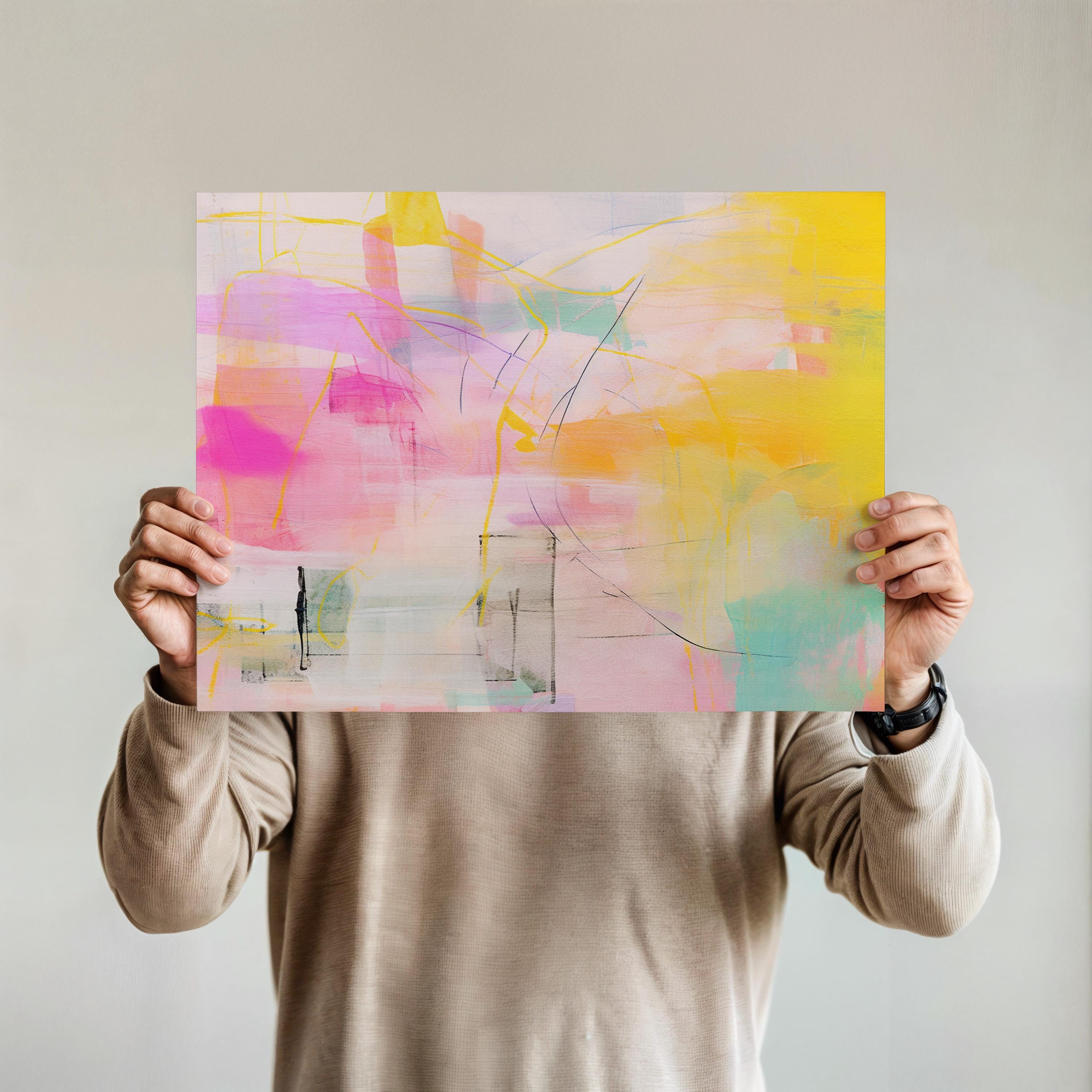 Abstract Art Print Soft Pastel in Pink Yellow Aqua and Orange Retro Retro Decor Art Horizontal Colorful Wall Art for Office Home 031