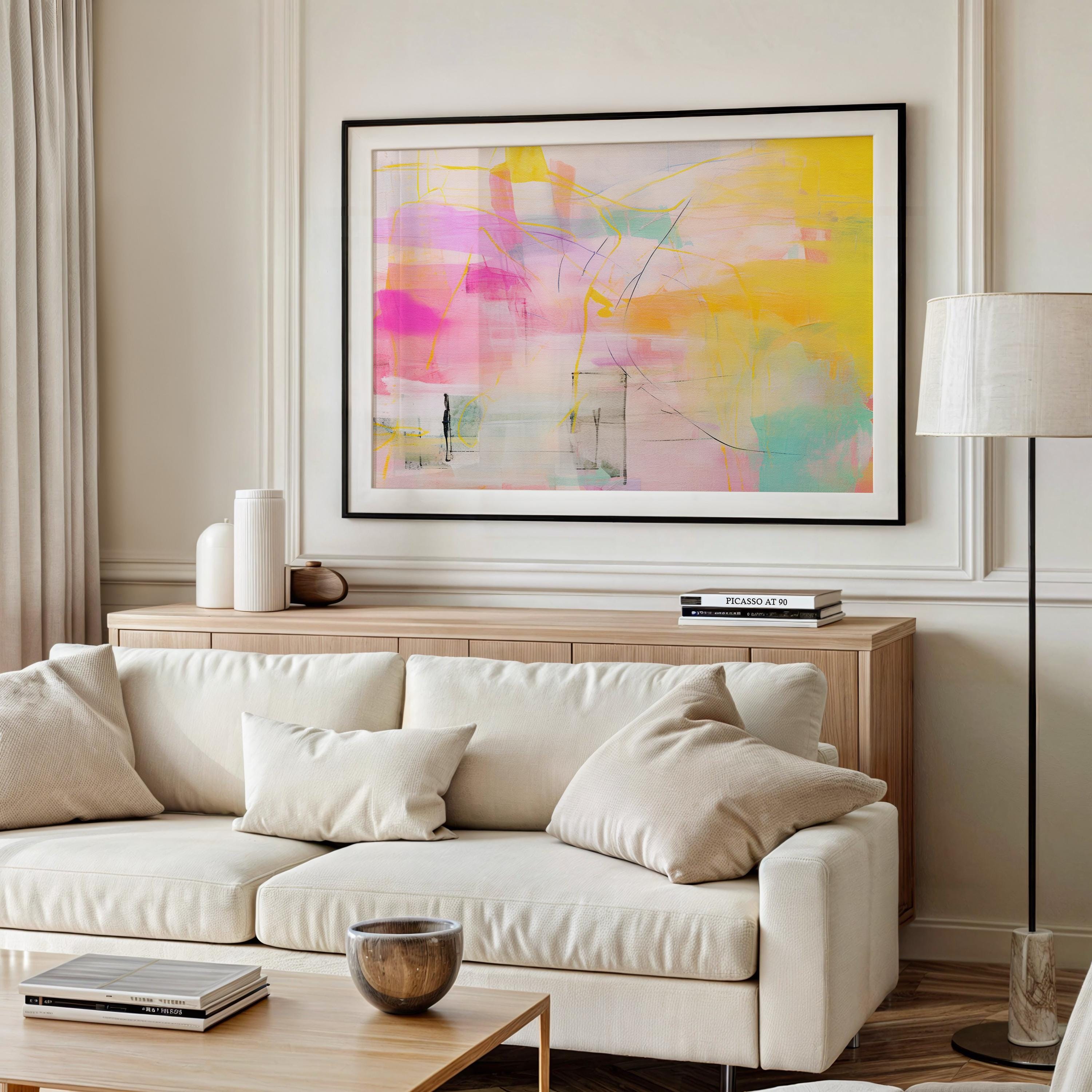 Abstract Art Print Soft Pastel in Pink Yellow Aqua and Orange Retro Retro Decor Art Horizontal Colorful Wall Art for Office Home 031