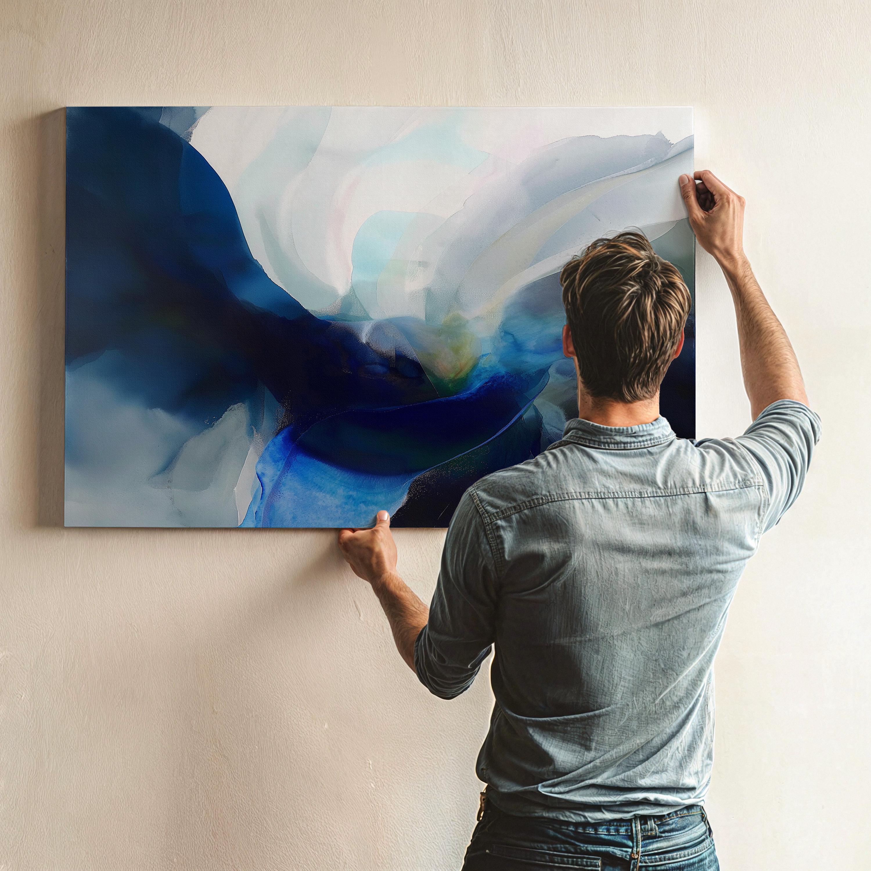 Horizontal abstract wall art in deep navy, misty teal, and soft blue tones, painted in a fluid, ocean-inspired style. Designed for moody, modern spaces and perfect for living rooms, bedrooms, or office walls. Available as a fine art poster or canvas wall art for curated, color-forward decor.