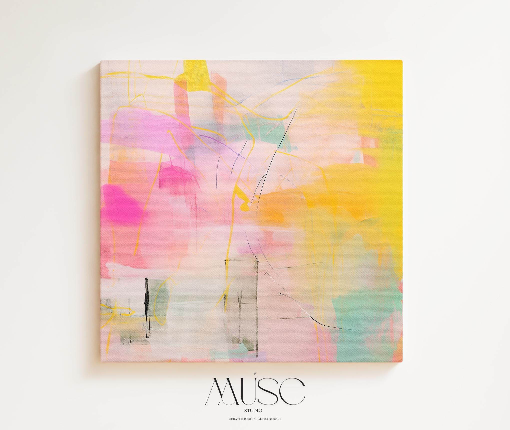 “Square pastel pink and yellow abstract canvas wall art with soft contemporary color-pop styling, ideal for bedroom, nursery, or modern living room spaces. Available as gallery-wrapped canvas or floating framed canvas by Muse Studio, artwork 065.”