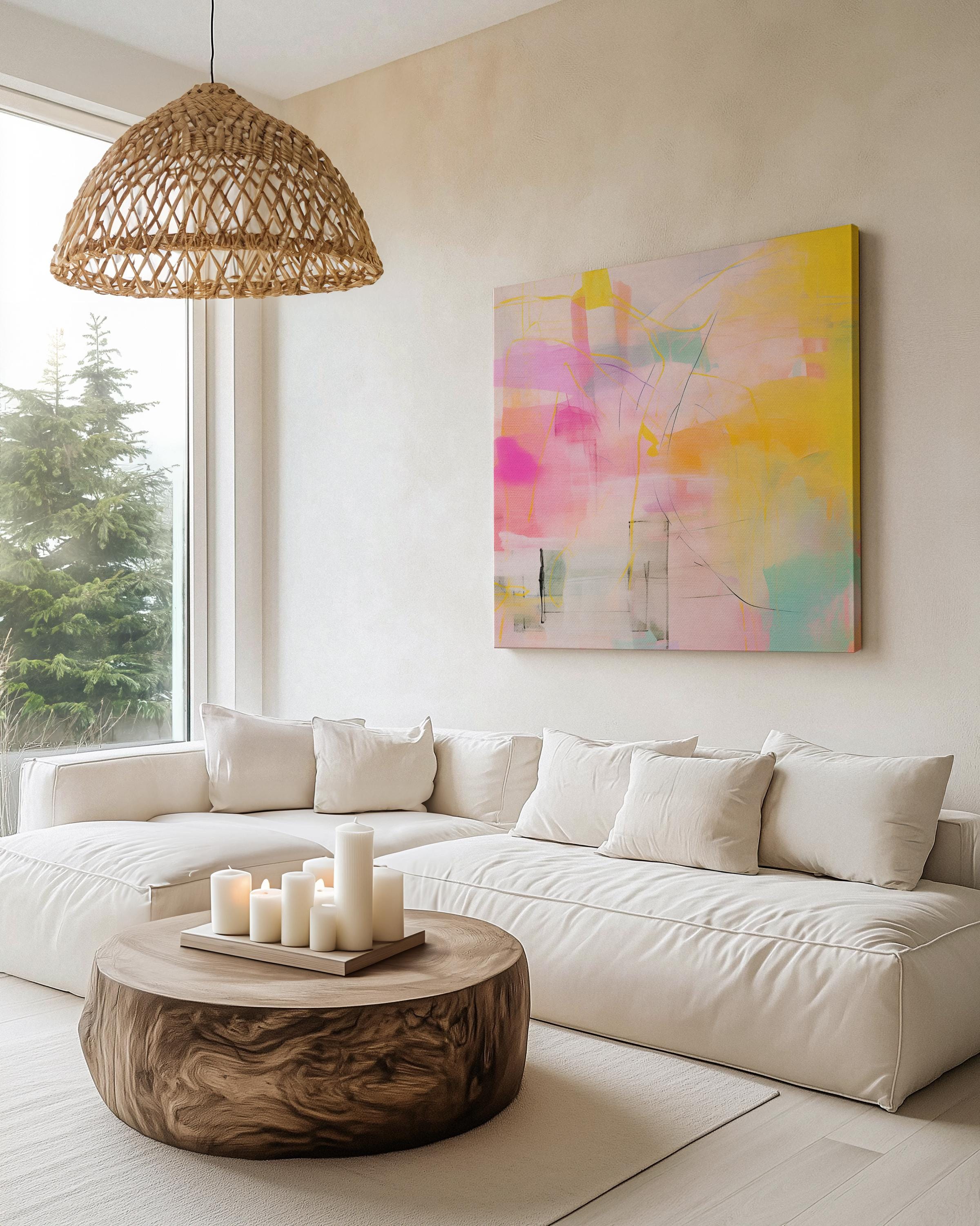 “Square pastel pink and yellow abstract canvas wall art with soft contemporary color-pop styling, ideal for bedroom, nursery, or modern living room spaces. Available as gallery-wrapped canvas or floating framed canvas by Muse Studio, artwork 065.”