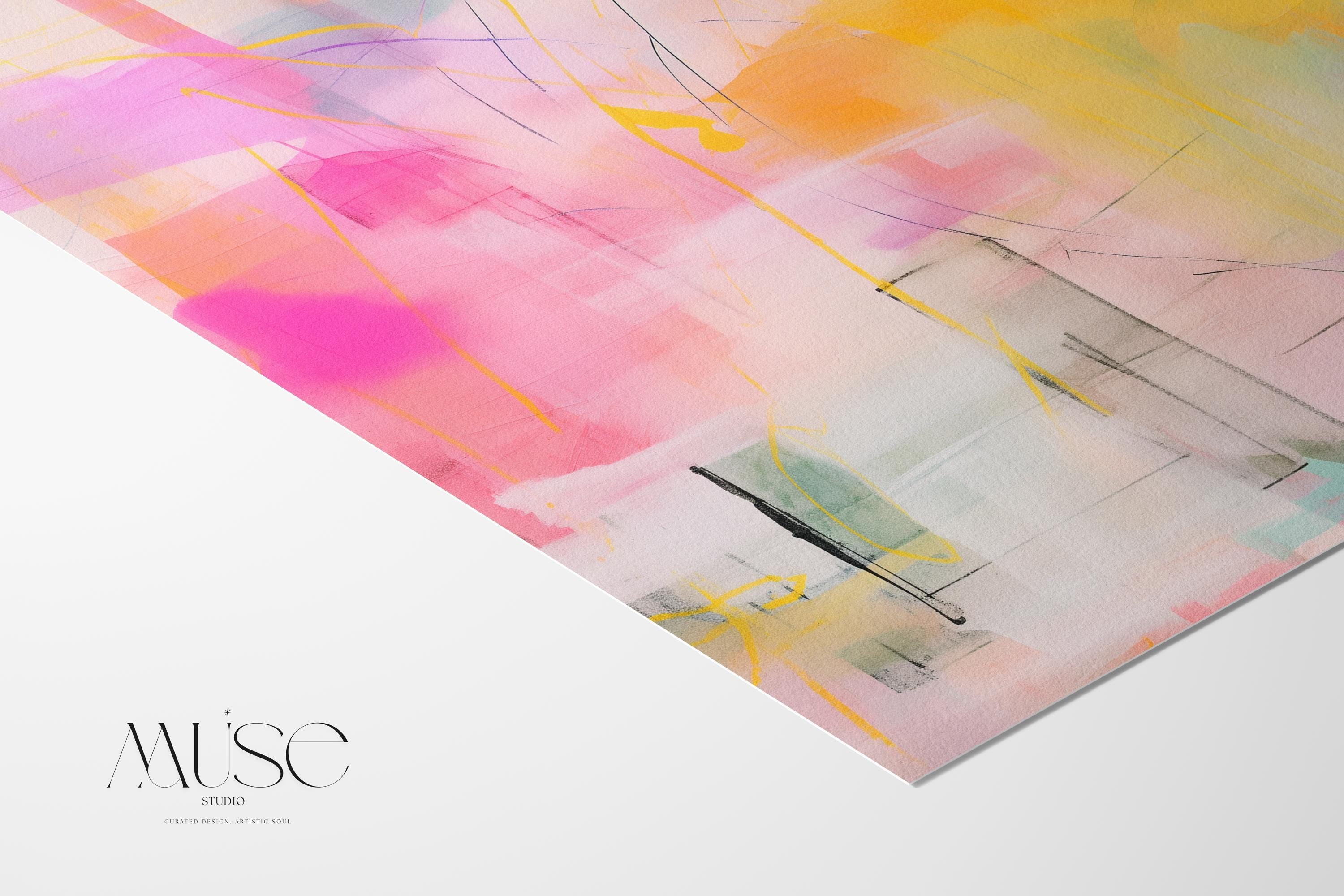 “Square pastel pink and yellow abstract canvas wall art with soft contemporary color-pop styling, ideal for bedroom, nursery, or modern living room spaces. Available as gallery-wrapped canvas or floating framed canvas by Muse Studio, artwork 065.”