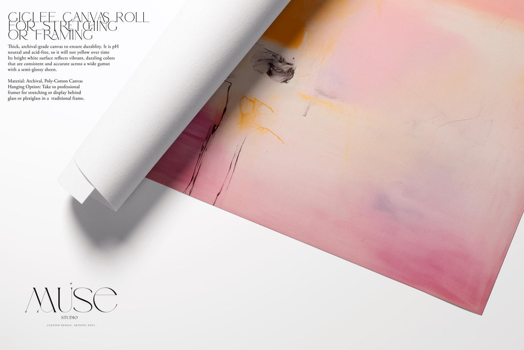 Square abstract wall art in blush pink, warm yellow, and pale lavender tones with soft brushstrokes and minimal linework. Ideal for warm minimalist or soft modern spaces such as bedrooms or transitional offices. Available as a fine art poster or canvas wall art for curated, color-forward decor.