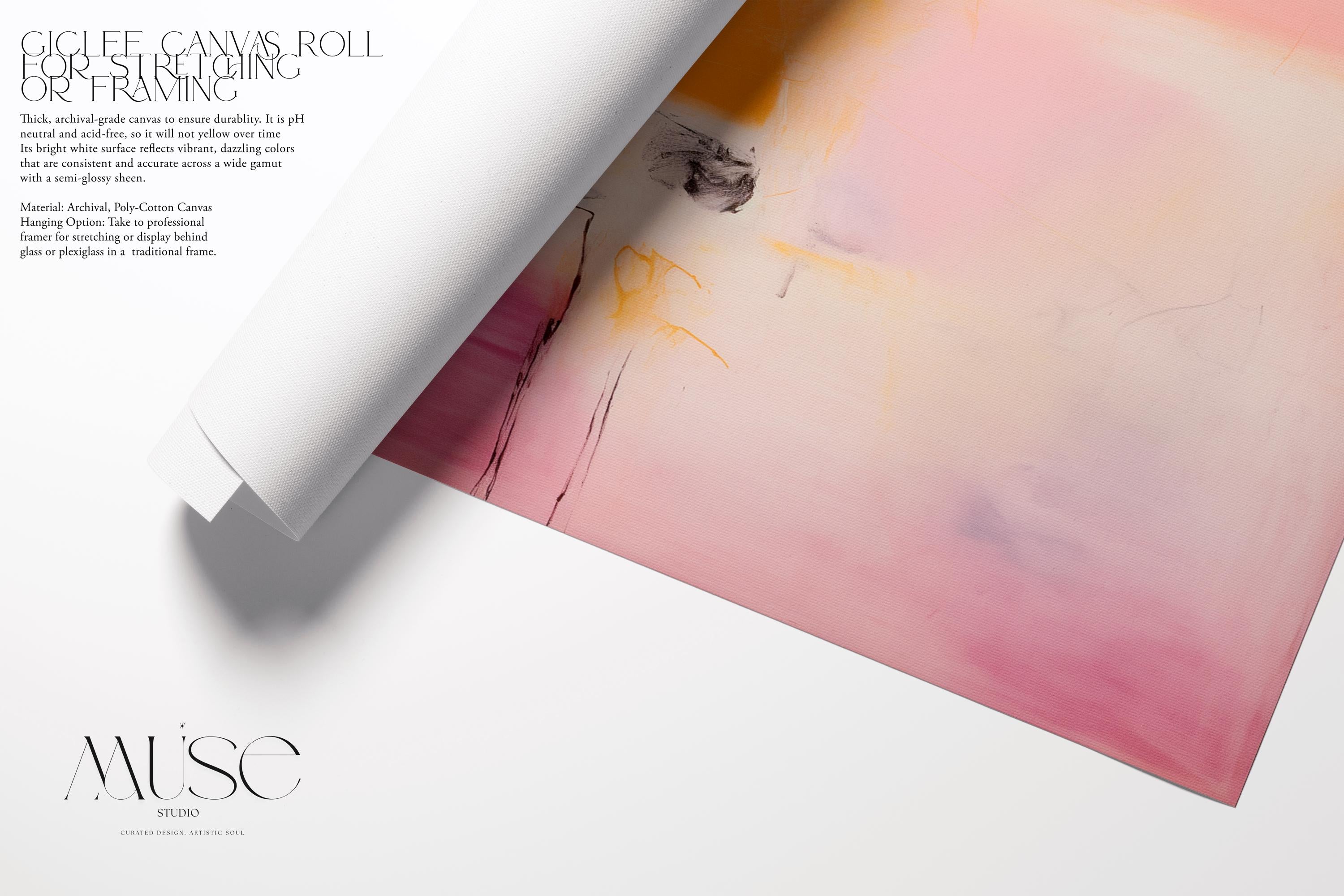 Square abstract wall art in blush pink, warm yellow, and pale lavender tones with soft brushstrokes and minimal linework. Ideal for warm minimalist or soft modern spaces such as bedrooms or transitional offices. Available as a fine art poster or canvas wall art for curated, color-forward decor.