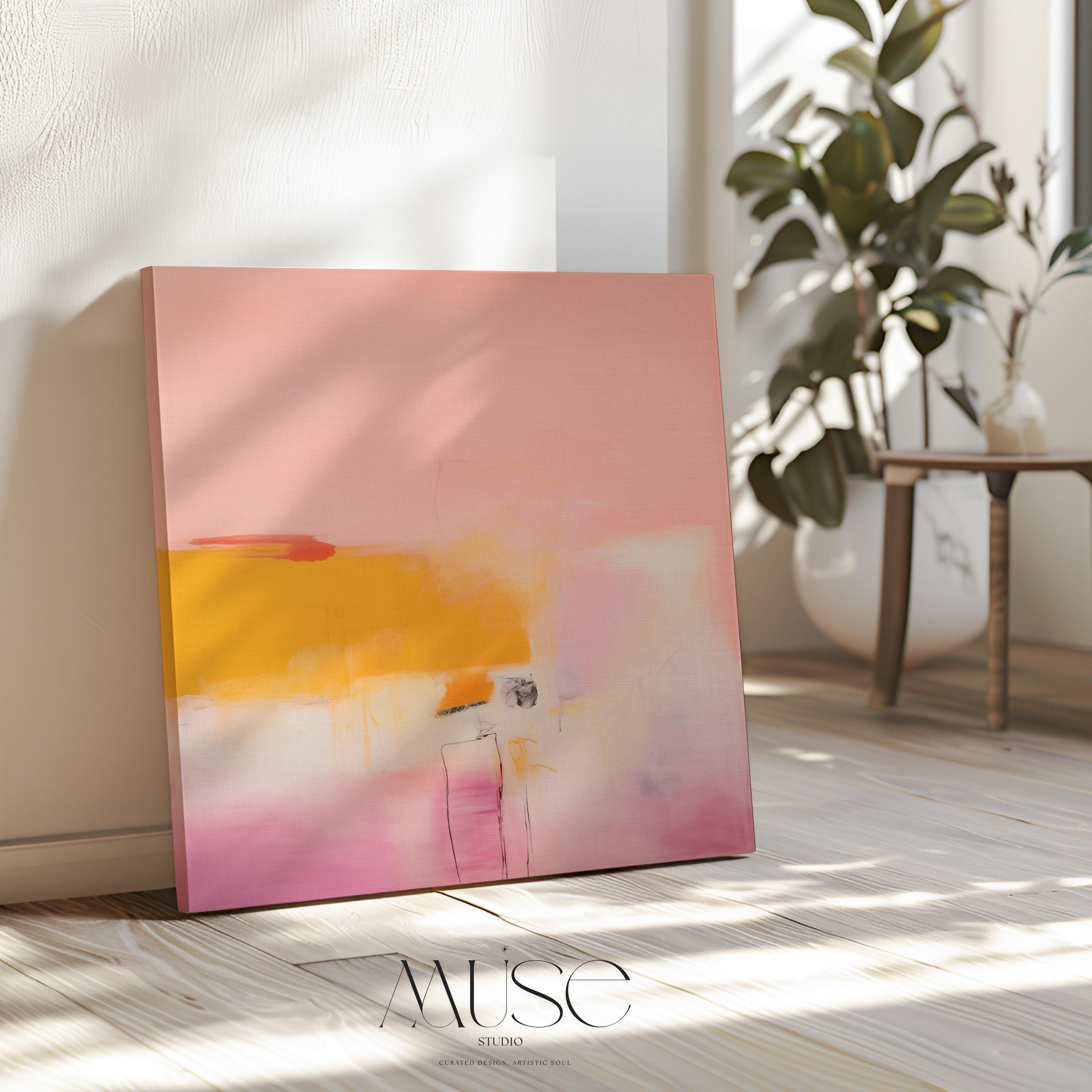 Square abstract wall art in blush pink, warm yellow, and pale lavender tones with soft brushstrokes and minimal linework. Ideal for warm minimalist or soft modern spaces such as bedrooms or transitional offices. Available as a fine art poster or canvas wall art for curated, color-forward decor.