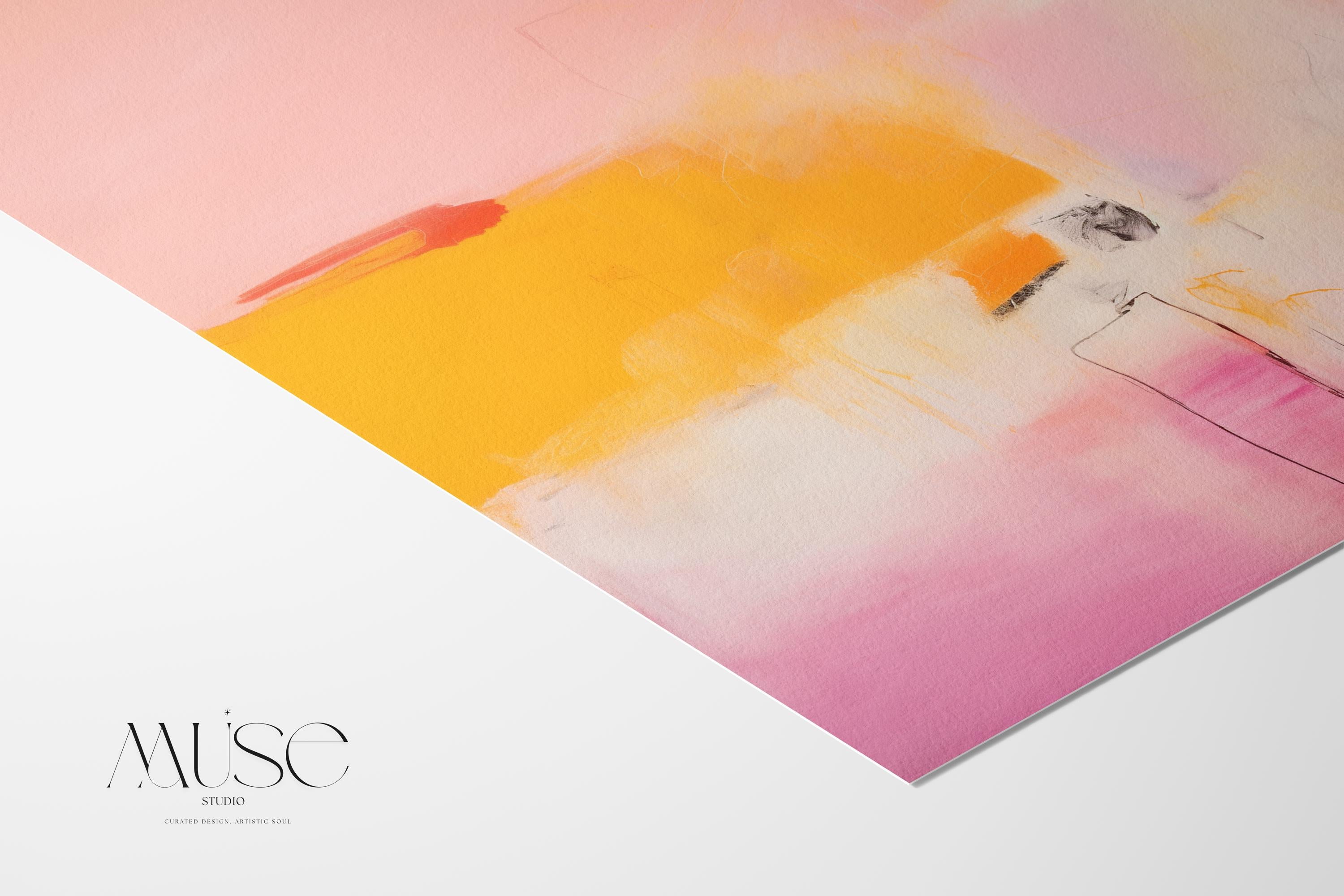 Square abstract wall art in blush pink, warm yellow, and pale lavender tones with soft brushstrokes and minimal linework. Ideal for warm minimalist or soft modern spaces such as bedrooms or transitional offices. Available as a fine art poster or canvas wall art for curated, color-forward decor.