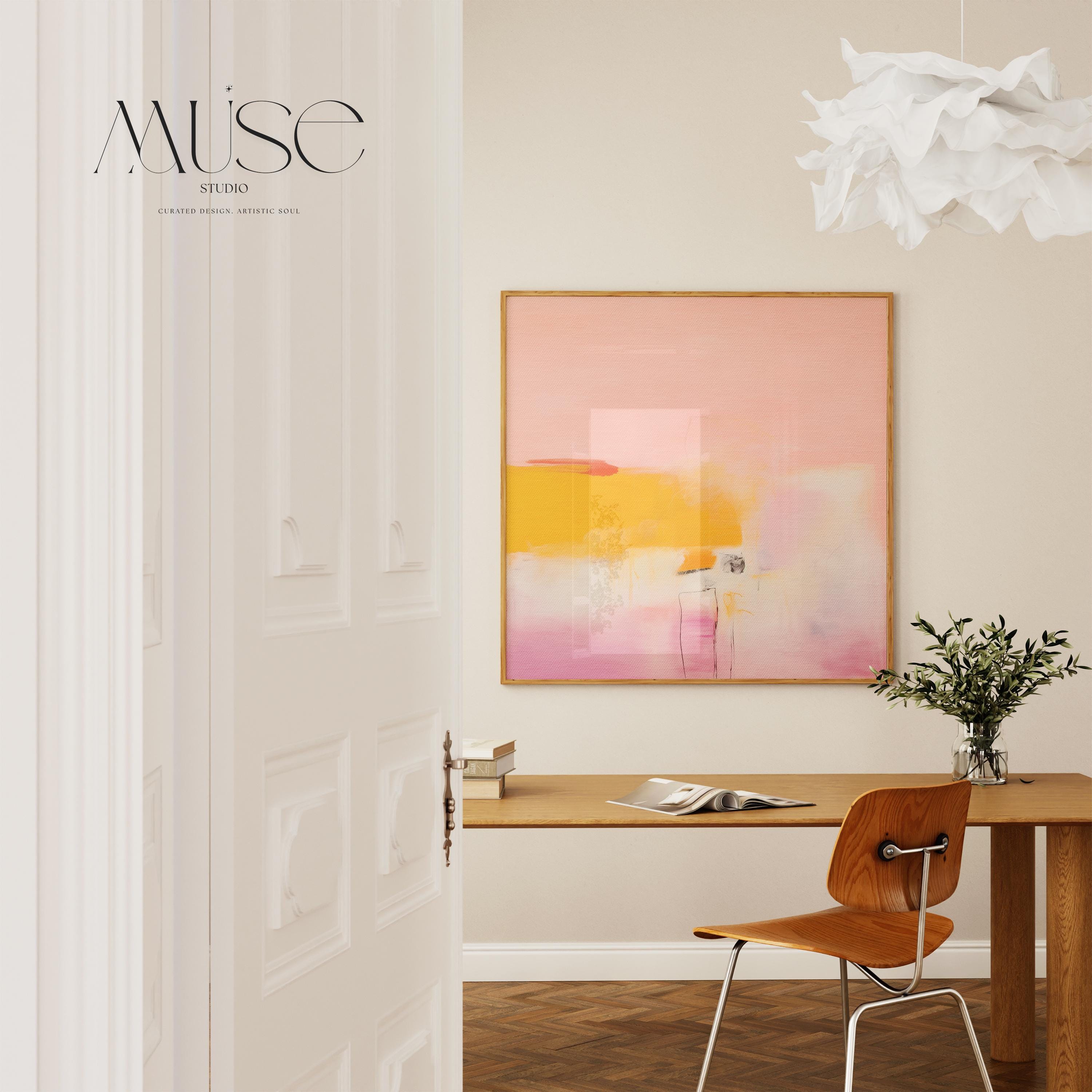 Square abstract wall art in blush pink, warm yellow, and pale lavender tones with soft brushstrokes and minimal linework. Ideal for warm minimalist or soft modern spaces such as bedrooms or transitional offices. Available as a fine art poster or canvas wall art for curated, color-forward decor.