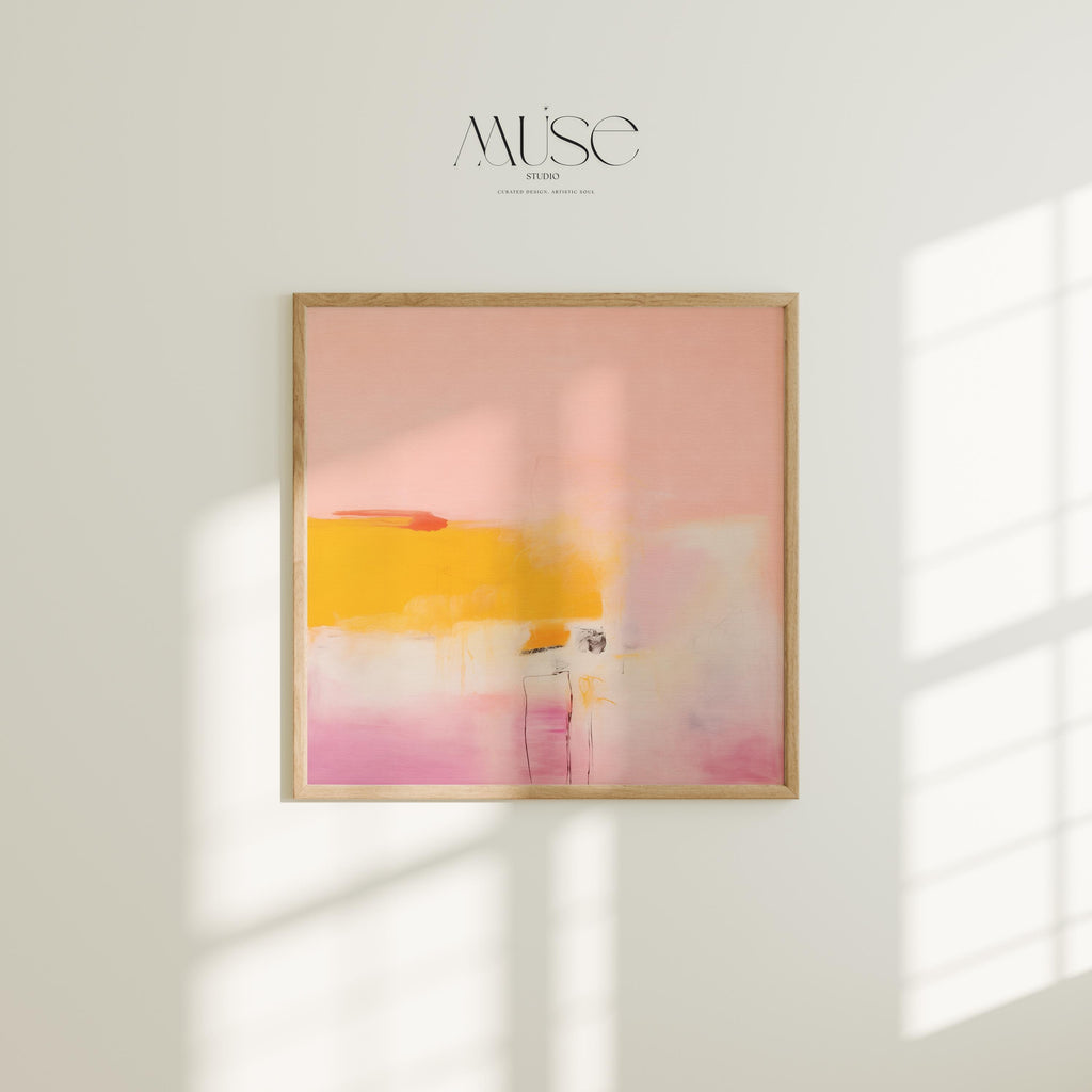 Square abstract wall art in blush pink, warm yellow, and pale lavender tones with soft brushstrokes and minimal linework. Ideal for warm minimalist or soft modern spaces such as bedrooms or transitional offices. Available as a fine art poster or canvas wall art for curated, color-forward decor.