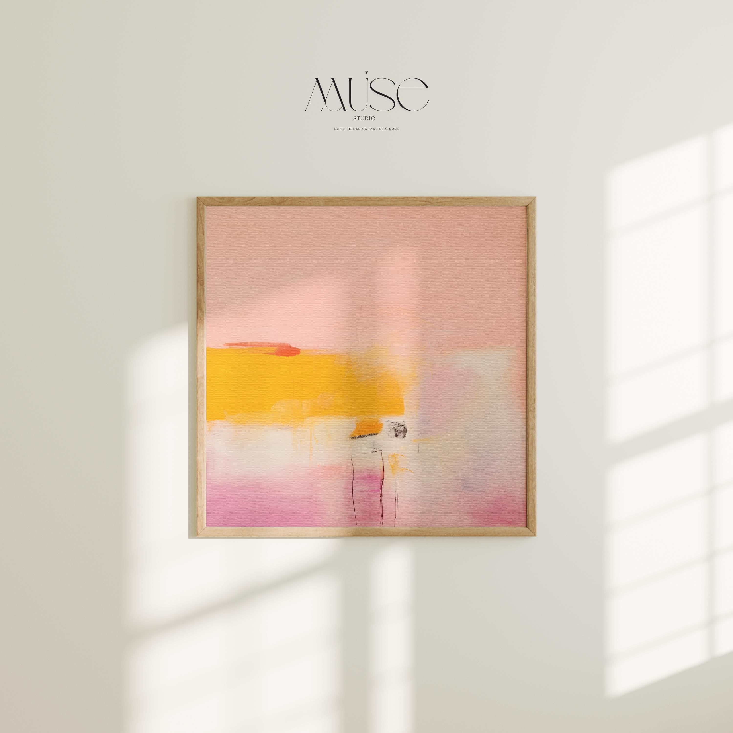 Square abstract wall art in blush pink, warm yellow, and pale lavender tones with soft brushstrokes and minimal linework. Ideal for warm minimalist or soft modern spaces such as bedrooms or transitional offices. Available as a fine art poster or canvas wall art for curated, color-forward decor.