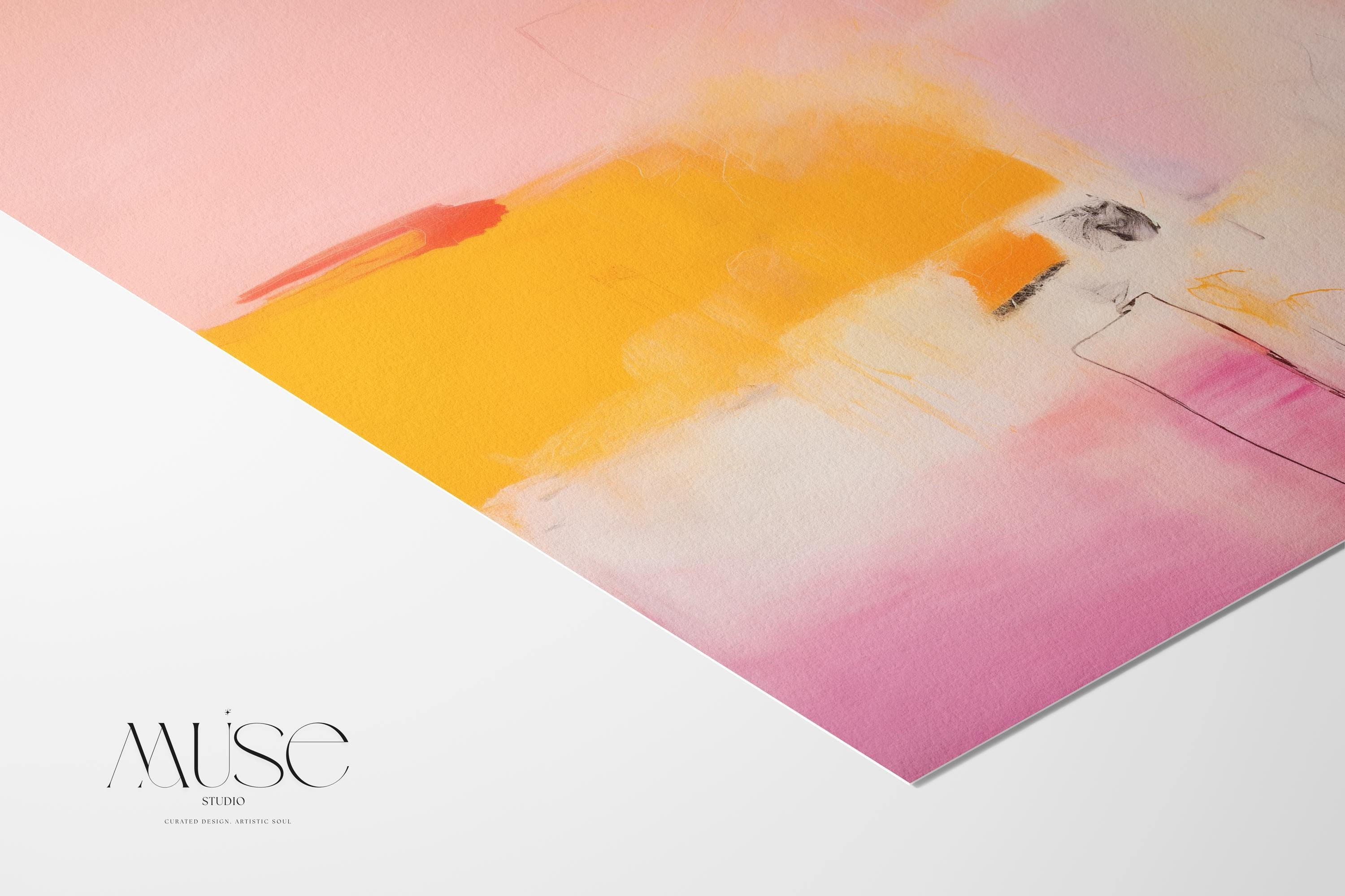 Vertical warm minimalist abstract wall art in blush pink and golden yellow tones with soft brushwork and linear accents. Ideal for curated modern bedrooms, entryways, or minimalist living spaces. Available as a fine art poster or canvas wall art for curated, color-forward decor.