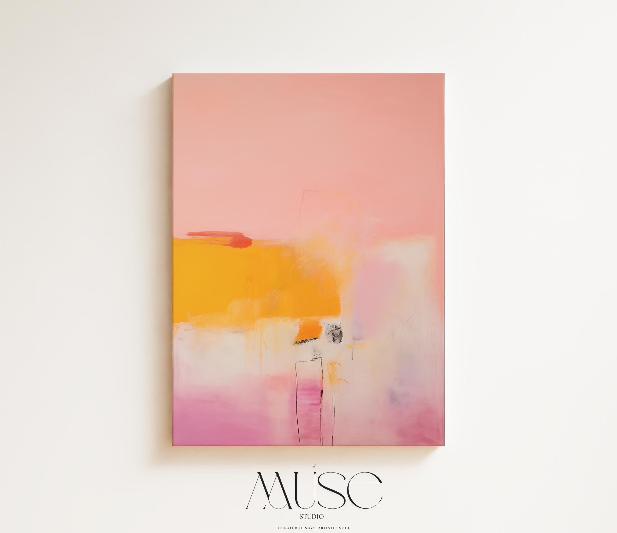 Vertical coral, blush, and amber abstract wall art in a soft contemporary and warm minimal style, ideal for living room, bedroom, or above-bed decor; available as gallery canvas, framed canvas, or fine art poster by Muse Studio.