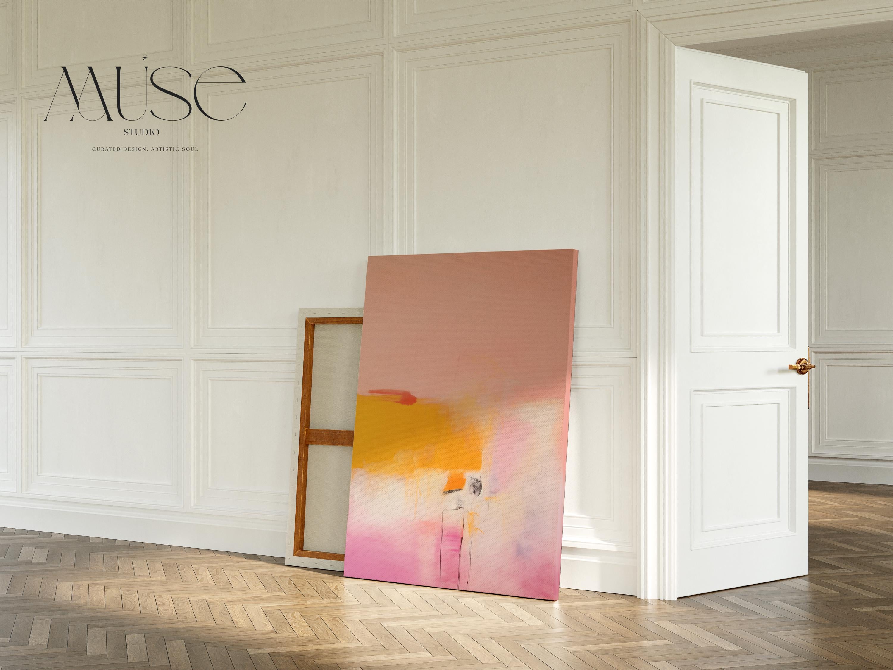 Vertical warm minimalist abstract wall art in blush pink and golden yellow tones with soft brushwork and linear accents. Ideal for curated modern bedrooms, entryways, or minimalist living spaces. Available as a fine art poster or canvas wall art for curated, color-forward decor.