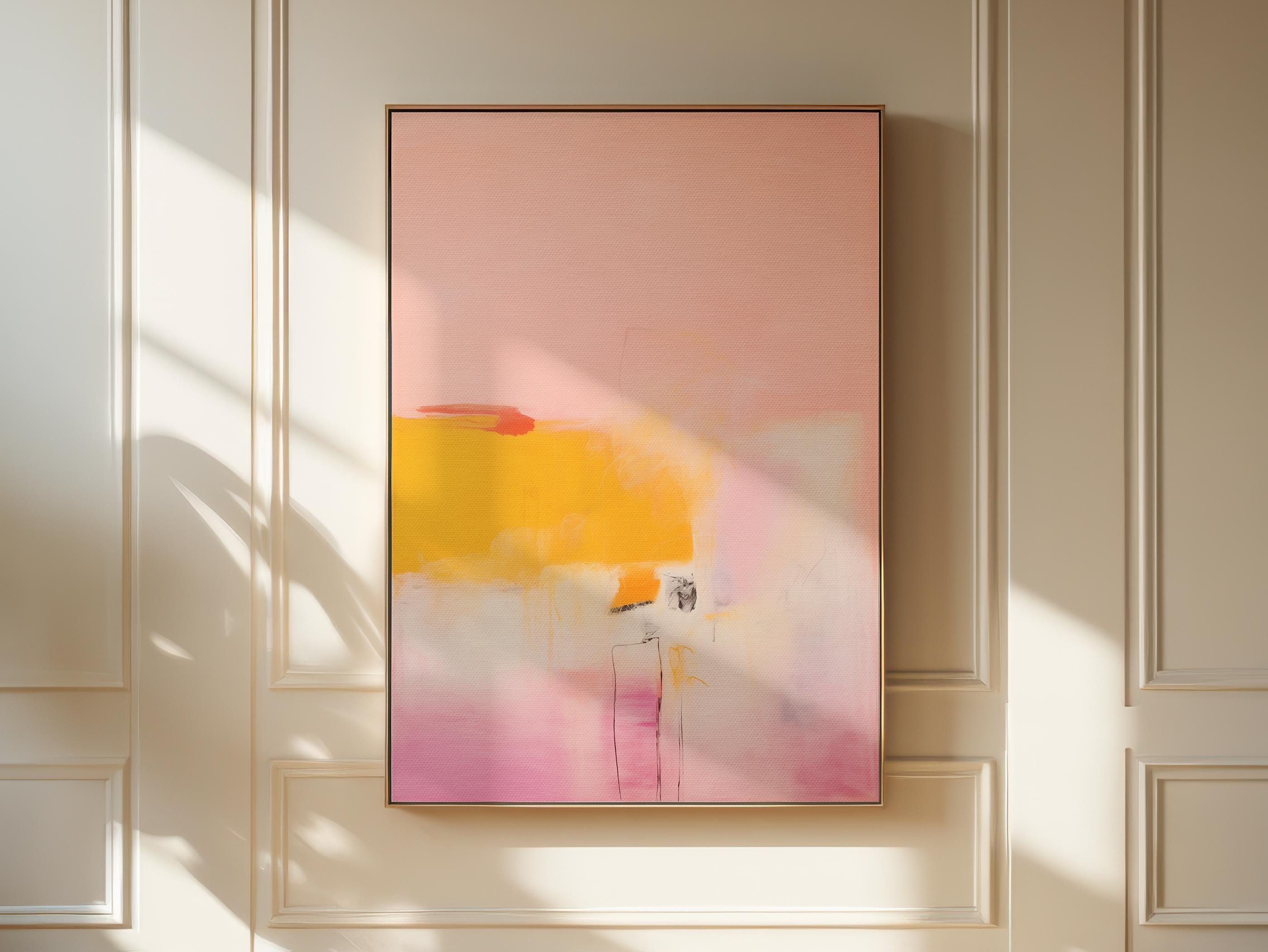 Vertical warm minimalist abstract wall art in blush pink and golden yellow tones with soft brushwork and linear accents. Ideal for curated modern bedrooms, entryways, or minimalist living spaces. Available as a fine art poster or canvas wall art for curated, color-forward decor.