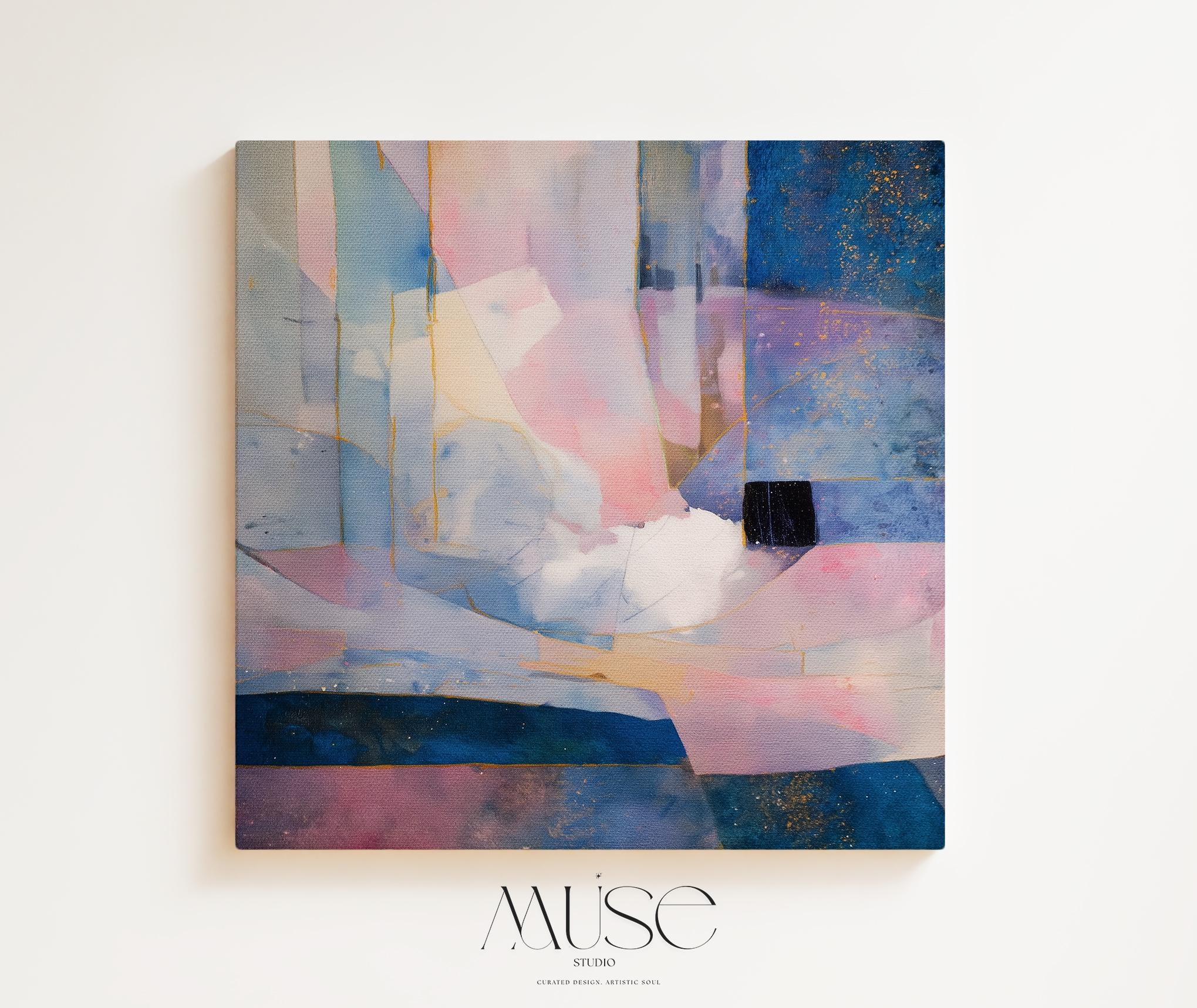 Square abstract wall art in soft lavender, deep blue, and blush pink with geometric shapes, gold detailing, and painterly layers. Ideal for dreamy bedrooms or glam modern spaces. Available as a fine art poster or canvas wall art for curated, color-forward decor.