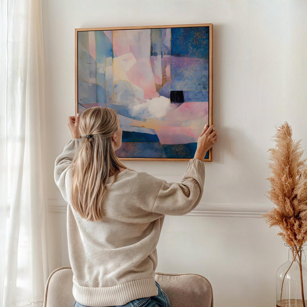 Square abstract wall art in soft lavender, deep blue, and blush pink with geometric shapes, gold detailing, and painterly layers. Ideal for dreamy bedrooms or glam modern spaces. Available as a fine art poster or canvas wall art for curated, color-forward decor.