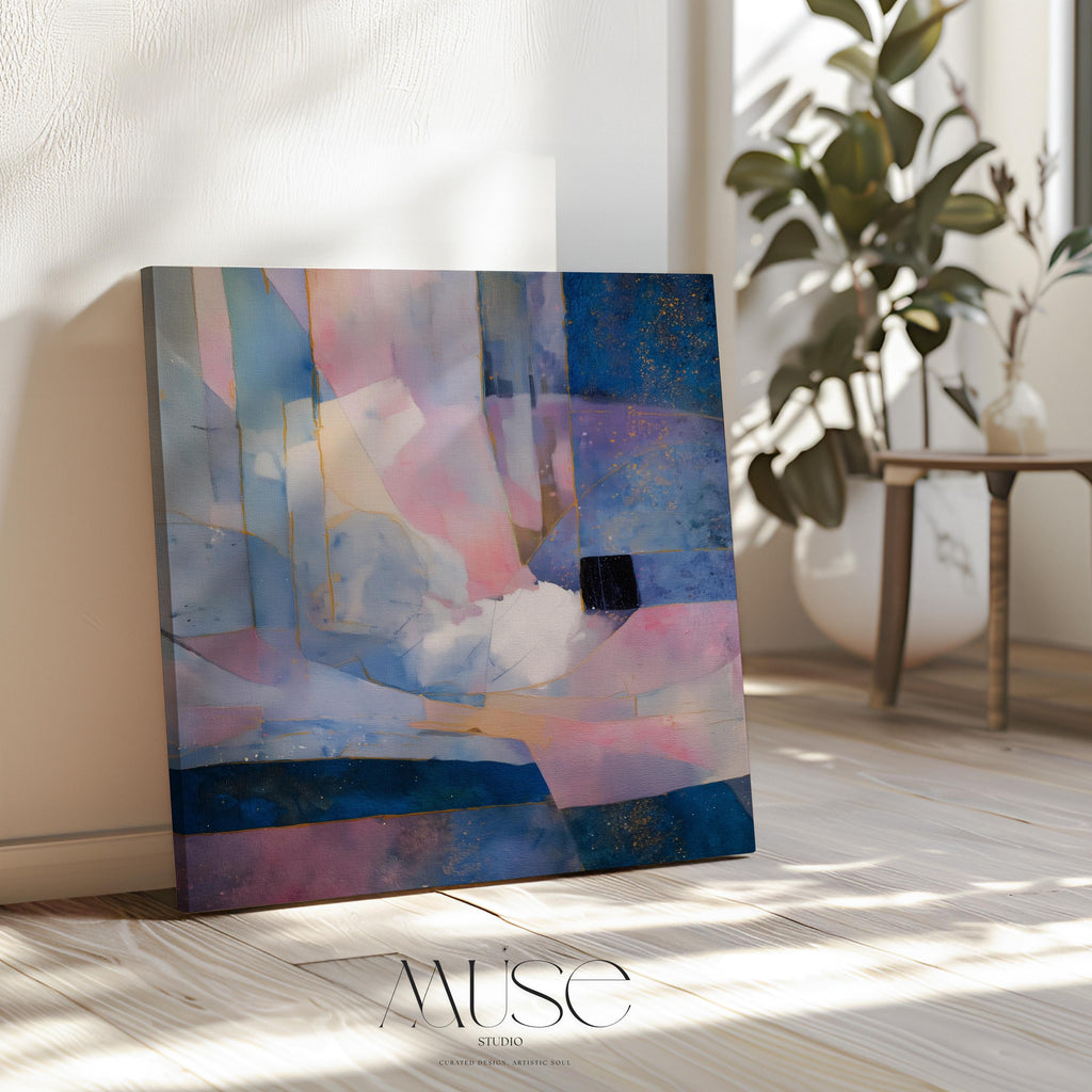 Square abstract wall art in soft lavender, deep blue, and blush pink with geometric shapes, gold detailing, and painterly layers. Ideal for dreamy bedrooms or glam modern spaces. Available as a fine art poster or canvas wall art for curated, color-forward decor.