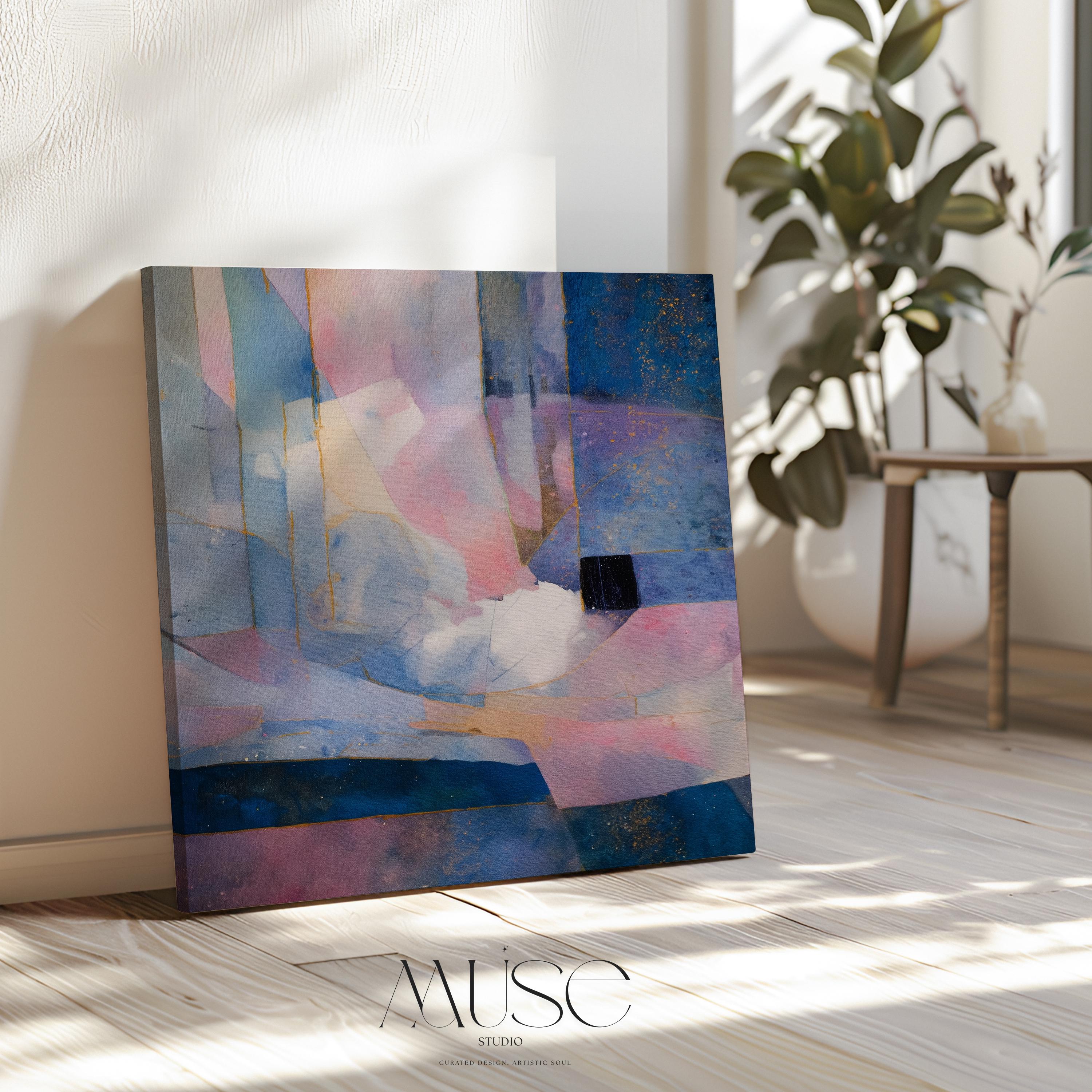 Square abstract wall art in soft lavender, deep blue, and blush pink with geometric shapes, gold detailing, and painterly layers. Ideal for dreamy bedrooms or glam modern spaces. Available as a fine art poster or canvas wall art for curated, color-forward decor.