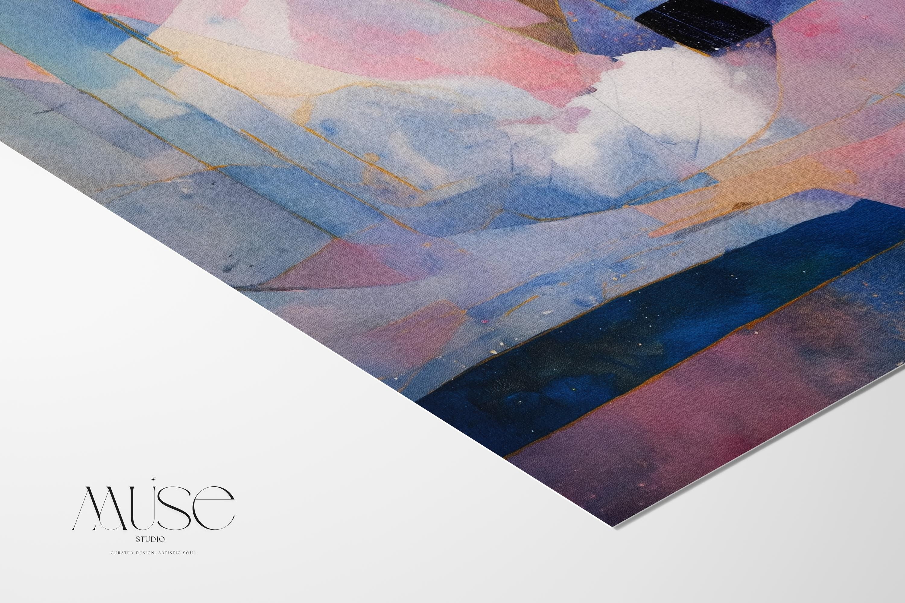 Square abstract wall art in soft lavender, deep blue, and blush pink with geometric shapes, gold detailing, and painterly layers. Ideal for dreamy bedrooms or glam modern spaces. Available as a fine art poster or canvas wall art for curated, color-forward decor.