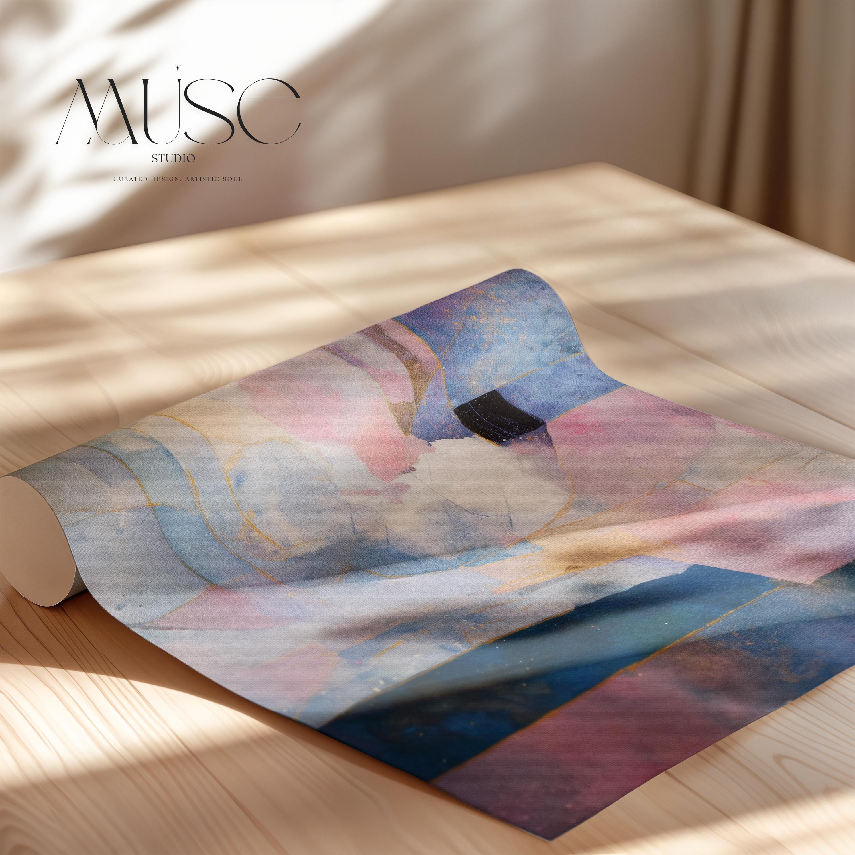 Square abstract wall art in soft lavender, deep blue, and blush pink with geometric shapes, gold detailing, and painterly layers. Ideal for dreamy bedrooms or glam modern spaces. Available as a fine art poster or canvas wall art for curated, color-forward decor.