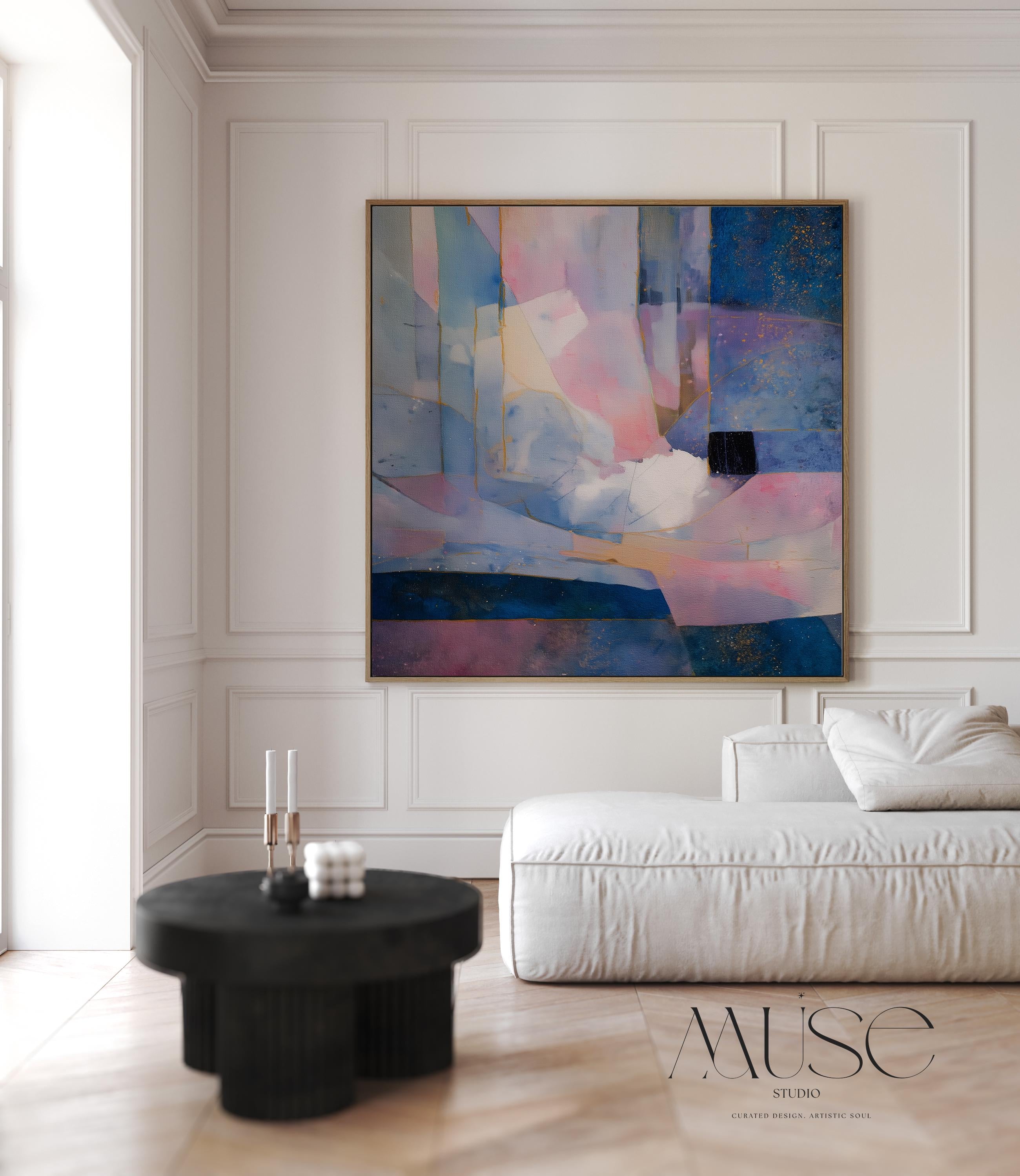 Aurora Sonata No. 1061 by Muse Studio & Co. blush blue pastel abstract wall art printed with museum-grade giclée inks on premium gallery-wrapped canvas and framed in a custom natural wood float frame with white, black, antique gold and antique silver options, styled as large modern wall art in a serene designer living room.