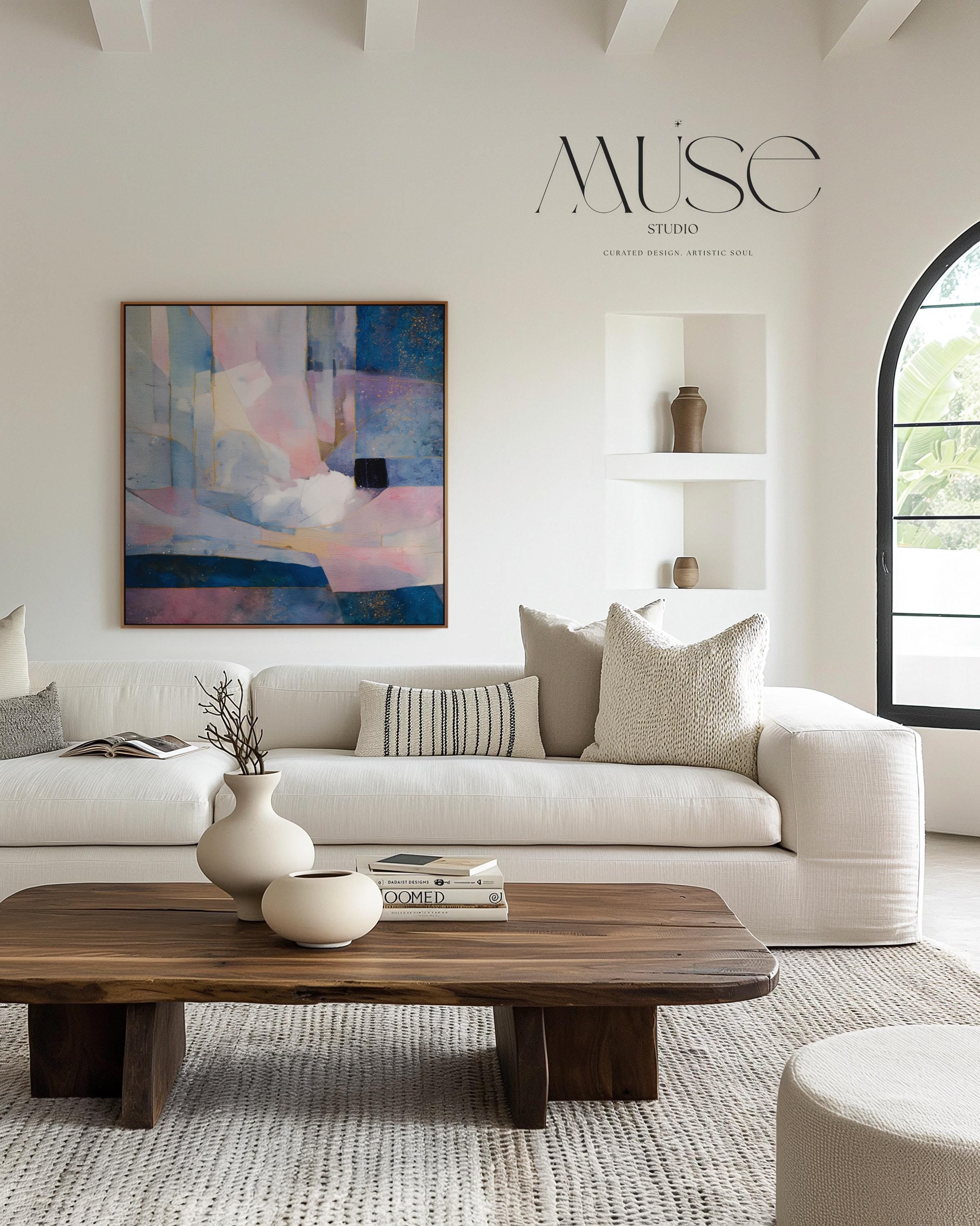 Framed abstract canvas art in soft lavender, blush pink, and deep blue with gold detailing and geometric structure. A dreamy, celestial piece ideal for bedrooms, moody transitional spaces, or modern glam interiors. Available as a framed canvas in multiple finish options for curated, color-forward decor.