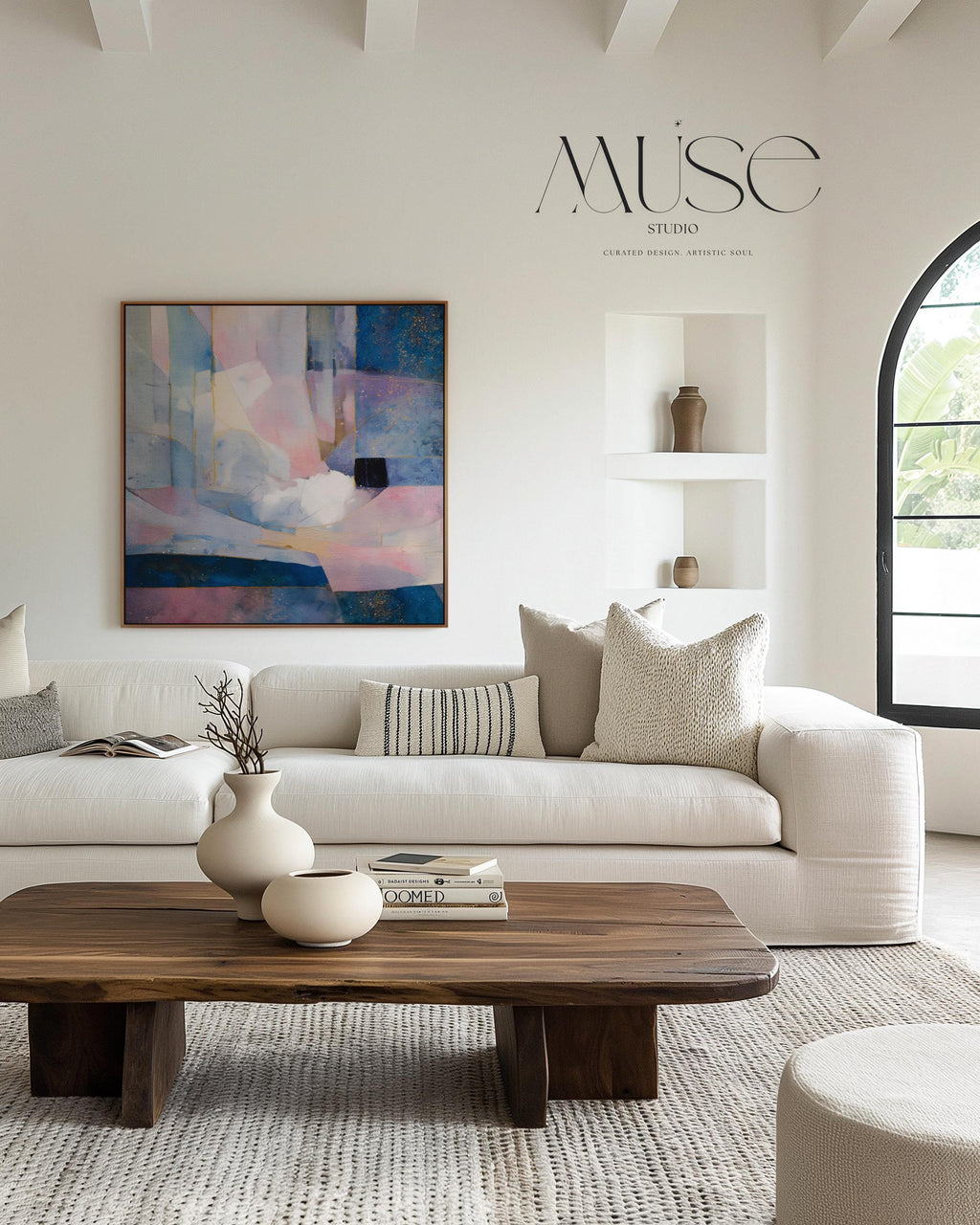 Framed abstract canvas art in soft lavender, blush pink, and deep blue with gold detailing and geometric structure. A dreamy, celestial piece ideal for bedrooms, moody transitional spaces, or modern glam interiors. Available as a framed canvas in multiple finish options for curated, color-forward decor.
