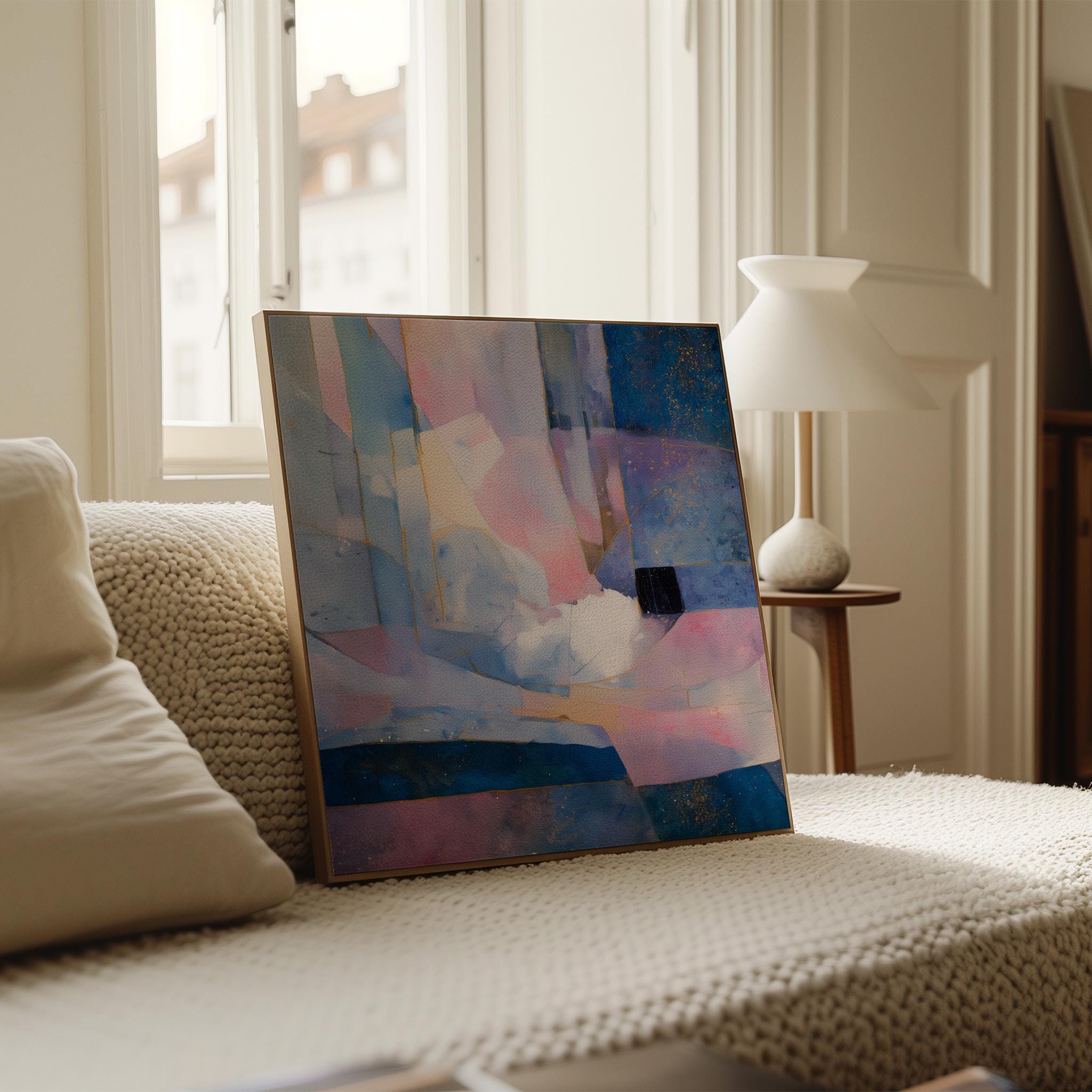 Aurora Sonata No. 1061 by Muse Studio & Co. blush blue pastel abstract wall art printed with museum-grade giclée inks on premium gallery-wrapped canvas and framed in a custom natural wood float frame with white, black, antique gold and antique silver options, styled as large modern wall art in a serene designer living room.