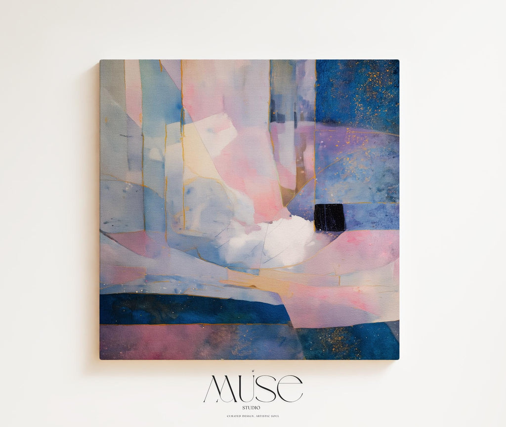 Square abstract canvas wall art in lavender, blush pink, and deep indigo with gold details and geometric layering. A soft, dreamy piece perfect for bedrooms or modern interiors. Available as a fine art poster or canvas wall art for curated, color-forward decor.