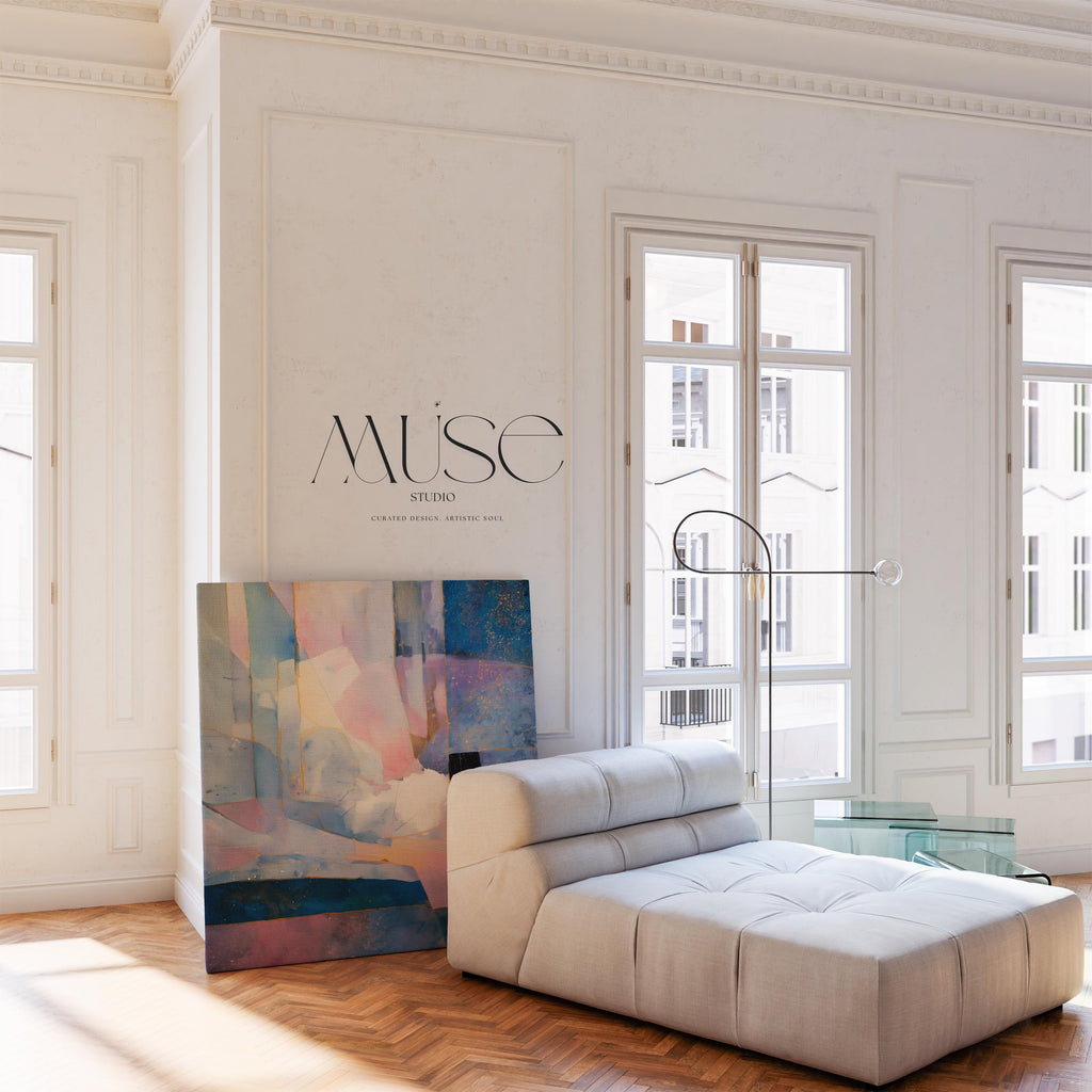 Square abstract canvas wall art in lavender, blush pink, and deep indigo with gold details and geometric layering. A soft, dreamy piece perfect for bedrooms or modern interiors. Available as a fine art poster or canvas wall art for curated, color-forward decor.