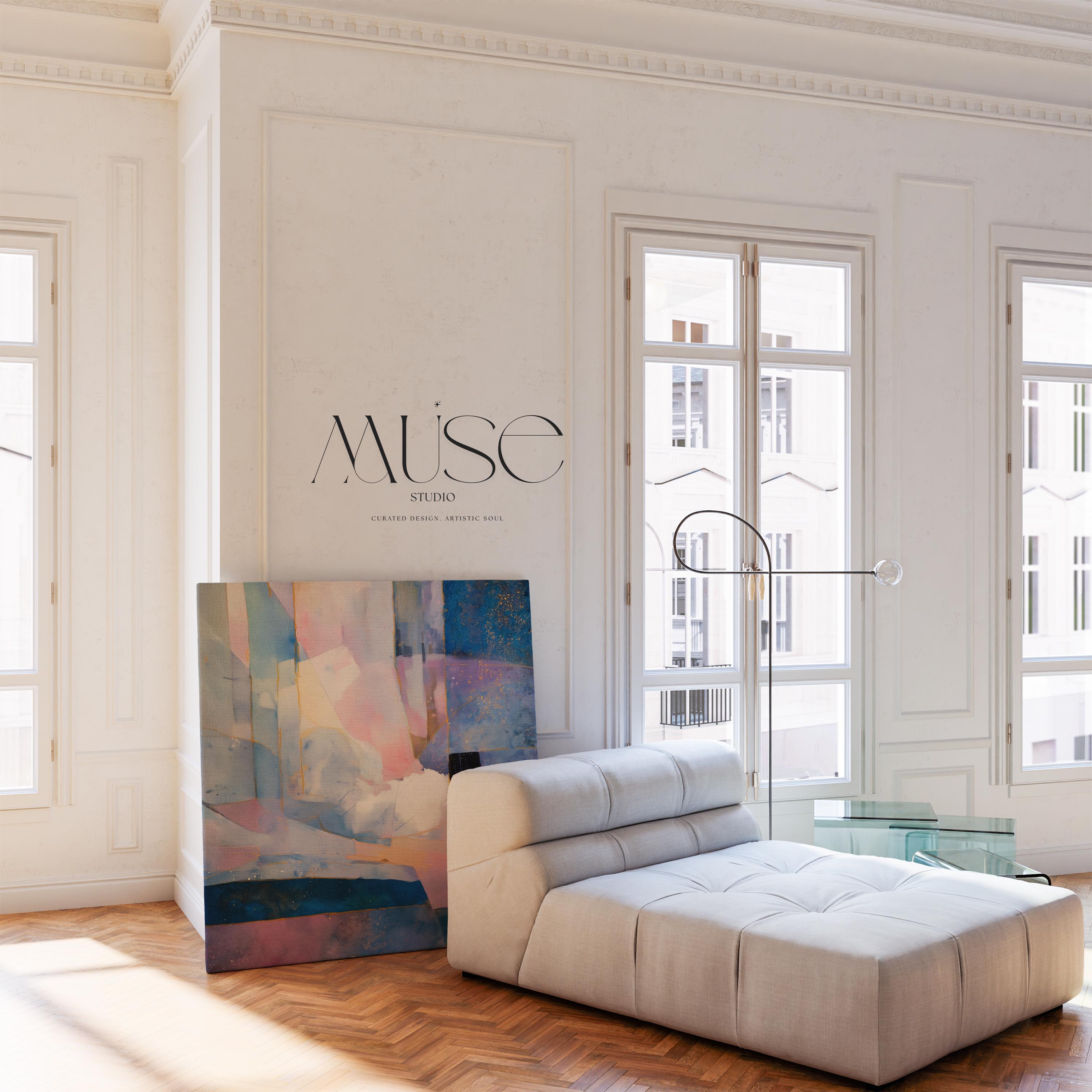 Square abstract canvas wall art in lavender, blush pink, and deep indigo with gold details and geometric layering. A soft, dreamy piece perfect for bedrooms or modern interiors. Available as a fine art poster or canvas wall art for curated, color-forward decor.