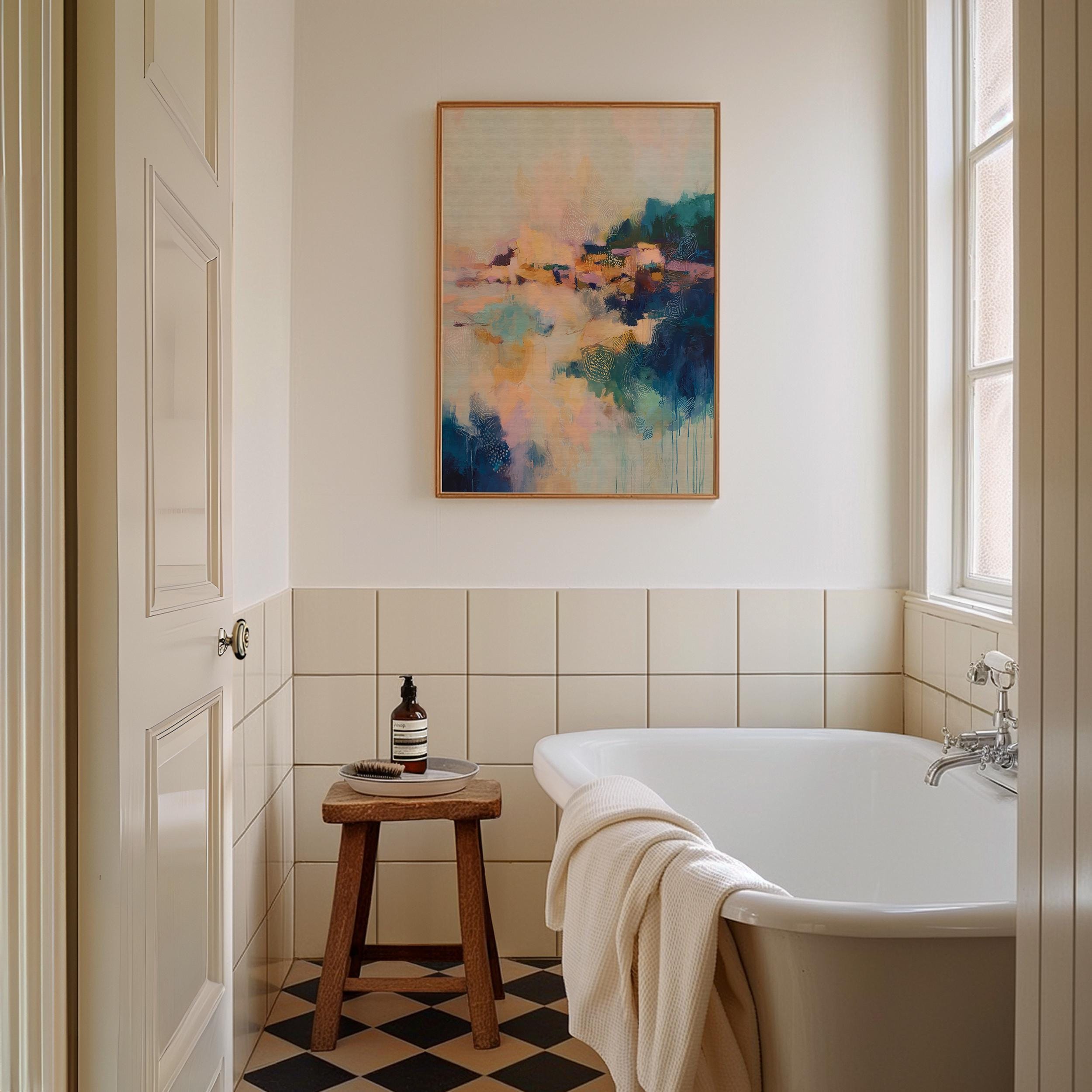 Harbor Sonata No. 1062 by Muse Studio & Co. teal peach gold abstract wall art printed with museum-grade giclée inks on premium gallery-wrapped artist canvas and framed in a custom wood float frame available in natural, white, black, antique gold, and antique silver, styled as large modern wall art in a serene designer living room.