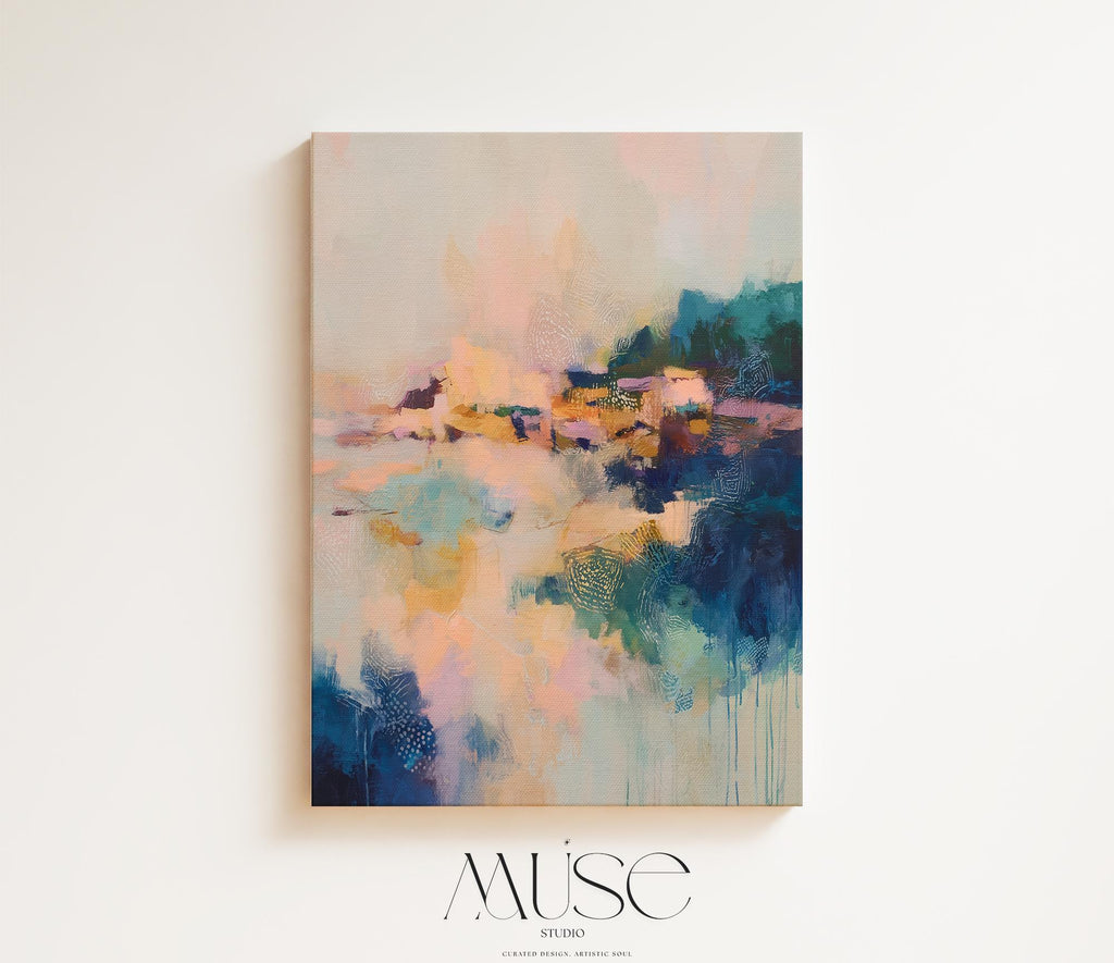 Harbor Sonata No. 1062 by Muse Studio & Co. teal peach coral abstract canvas wall art printed with museum-grade giclée inks on premium gallery-wrapped artist canvas, large vertical modern wall art styled above a neutral sofa in a serene coastal inspired living room.