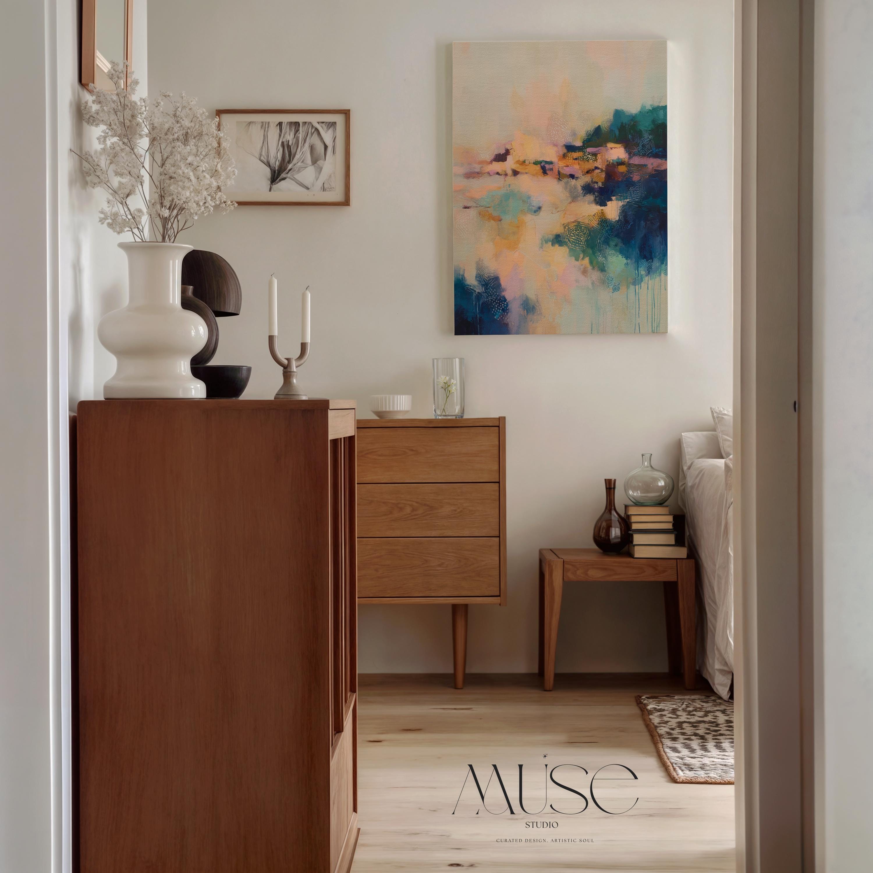 Vertical canvas abstract wall art in blush, teal, peach, and navy with painterly texture and dreamlike movement. Ideal for soft contemporary bedrooms, transitional entryways, or calm modern interiors. Available as a fine art poster or canvas wall art for curated, color-forward decor.