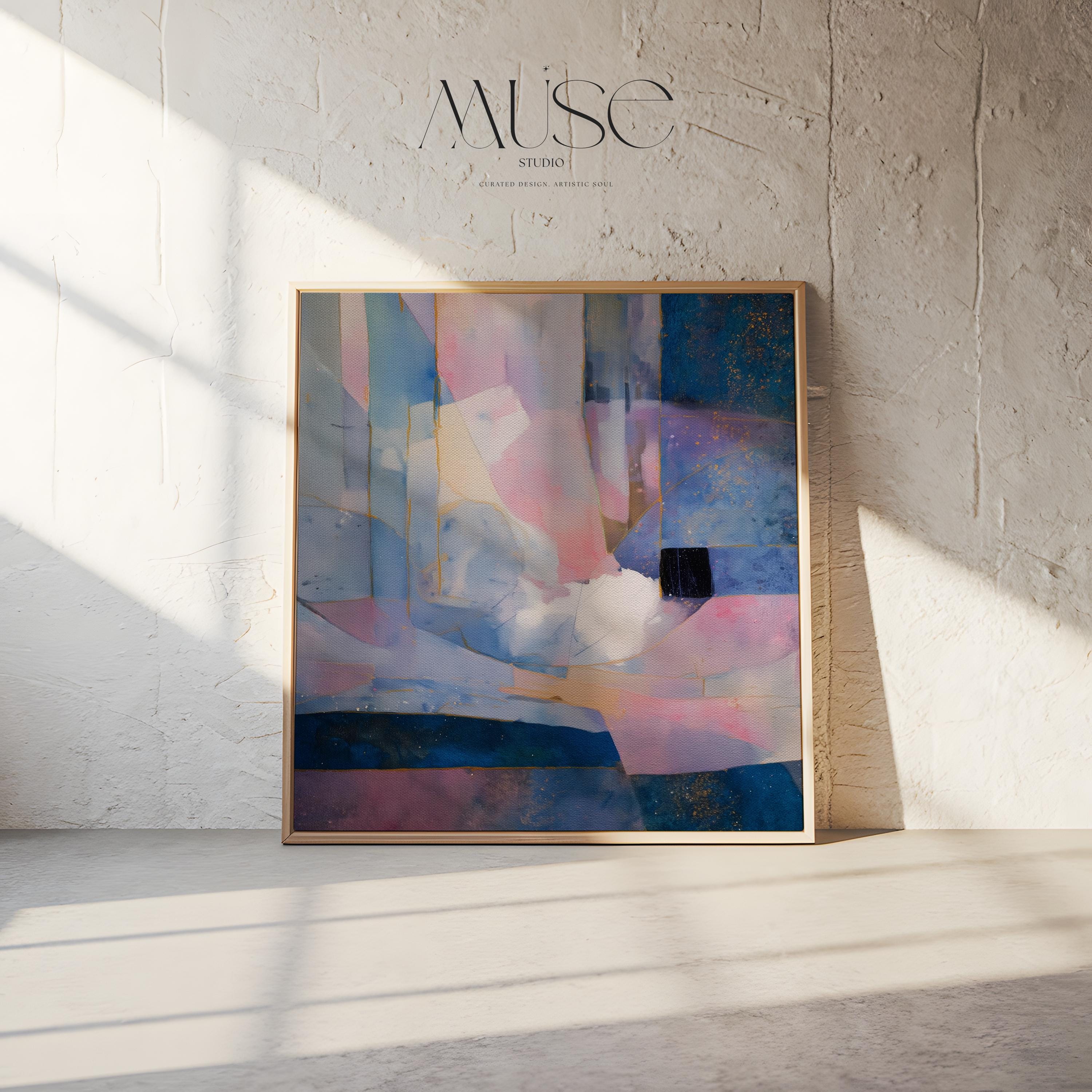 Aurora Sonata No. 1061 by Muse Studio & Co. blush blue pastel abstract wall art printed with museum-grade giclée inks on premium gallery-wrapped canvas and framed in a custom natural wood float frame with white, black, antique gold and antique silver options, styled as large modern wall art in a serene designer living room.