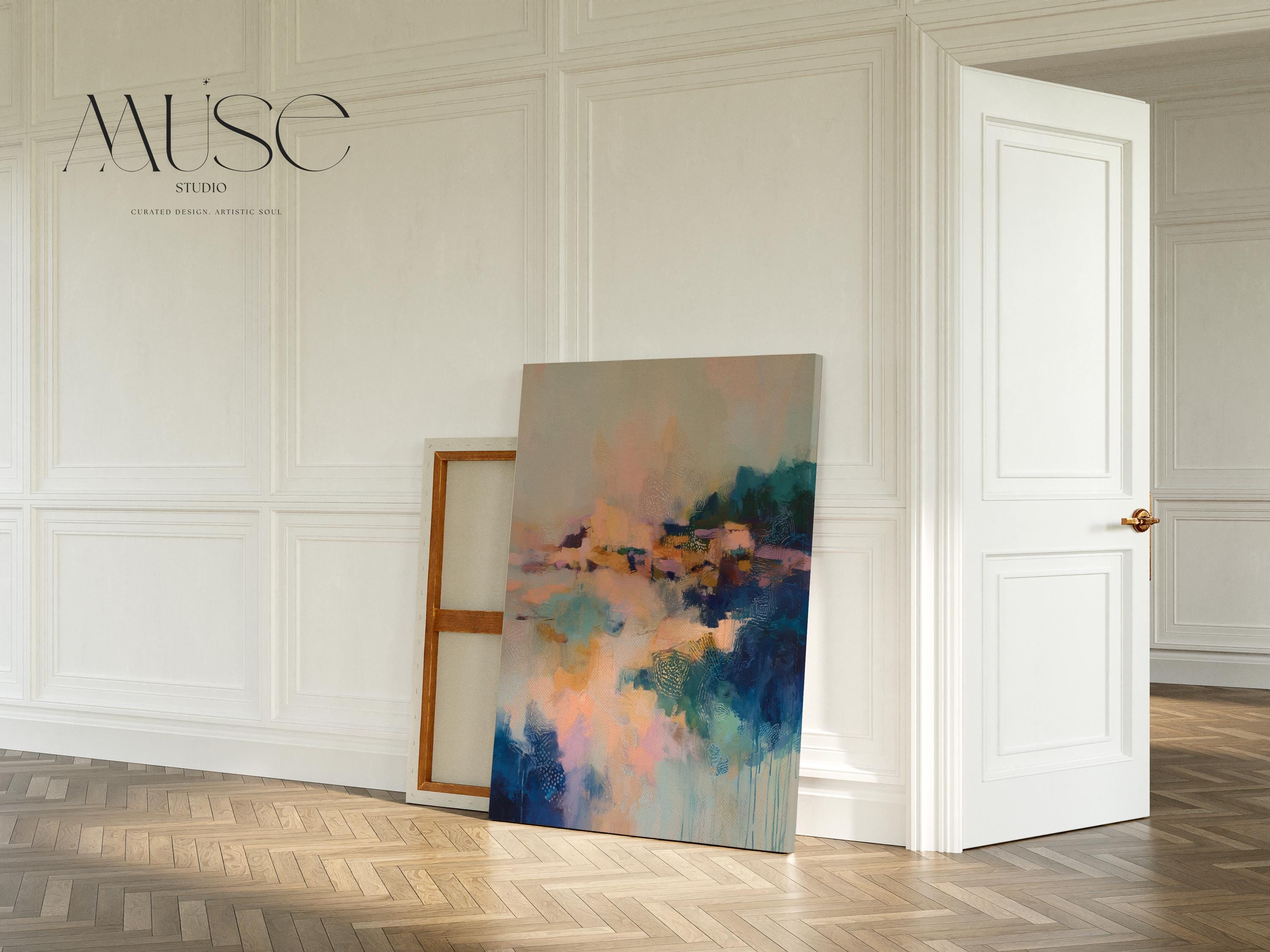 Vertical canvas abstract wall art in blush, teal, peach, and navy with painterly texture and dreamlike movement. Ideal for soft contemporary bedrooms, transitional entryways, or calm modern interiors. Available as a fine art poster or canvas wall art for curated, color-forward decor.