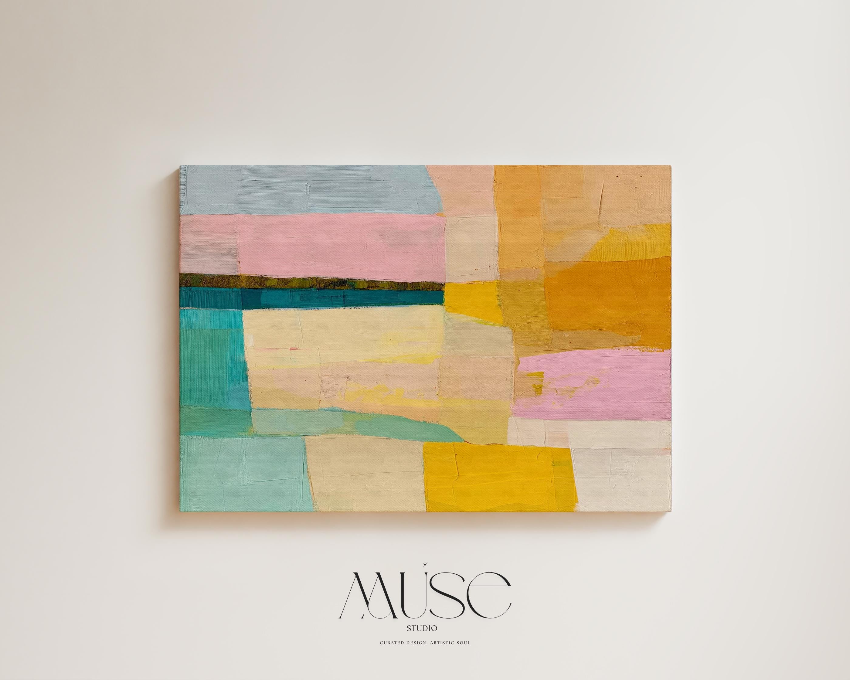 Horizontal abstract wall art with blocks of blush pink, mint green, golden yellow, and ochre in a color field style. Painted in a warm, playful palette perfect for preppy bedrooms, soft modern offices, or warm minimalist interiors. Available as a fine art poster or canvas wall art for curated, color-forward decor.