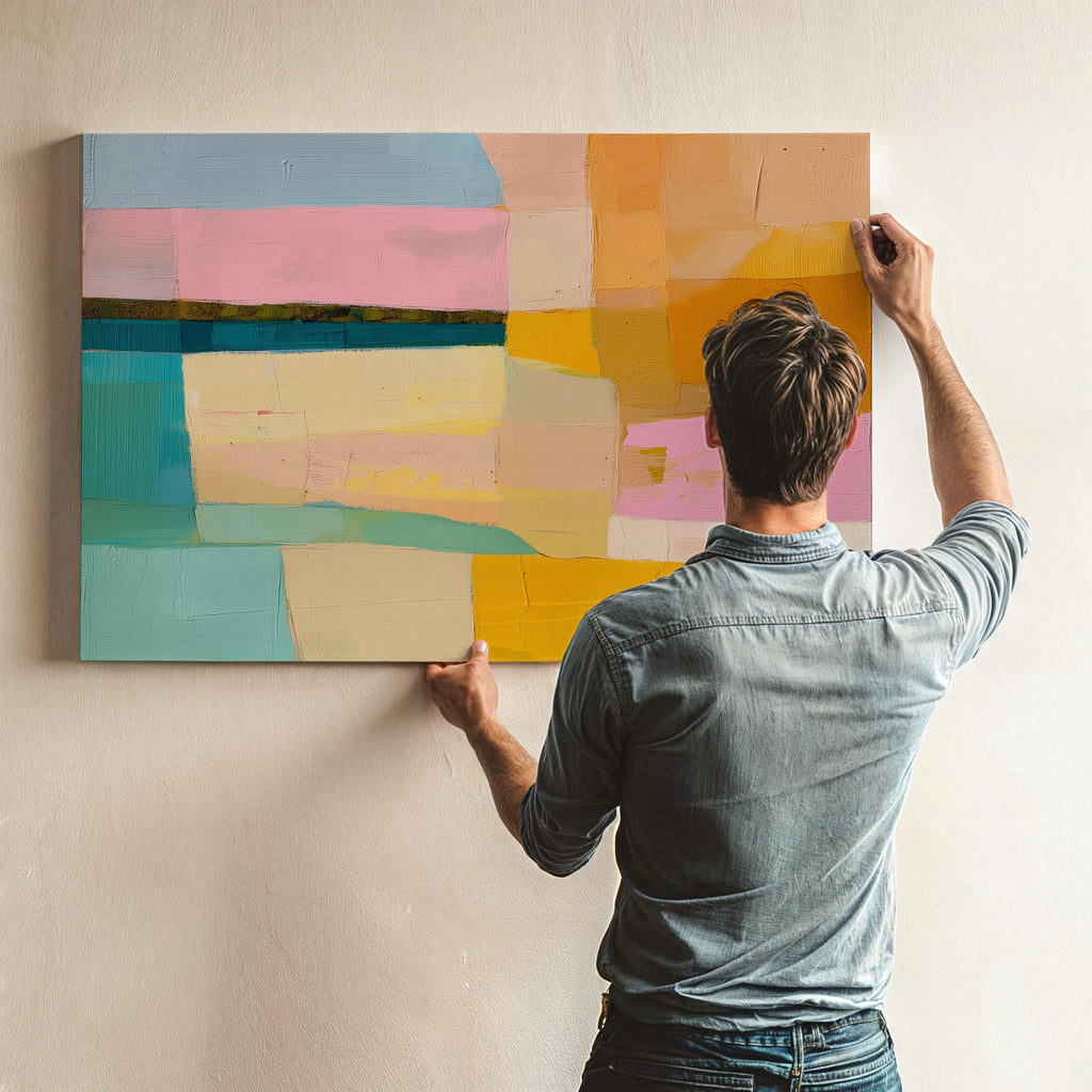Horizontal abstract wall art with blocks of blush pink, mint green, golden yellow, and ochre in a color field style. Painted in a warm, playful palette perfect for preppy bedrooms, soft modern offices, or warm minimalist interiors. Available as a fine art poster or canvas wall art for curated, color-forward decor.