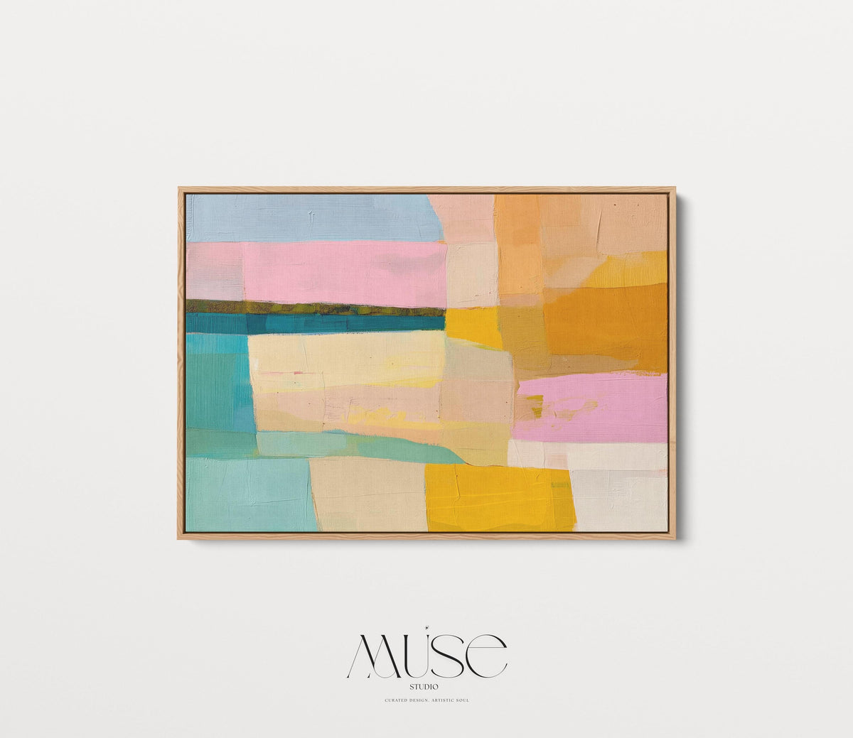 Horizontal abstract wall art with blocks of blush pink, mint green, golden yellow, and ochre in a color field style. Painted in a warm, playful palette perfect for preppy bedrooms, soft modern offices, or warm minimalist interiors. Available as a fine art poster or canvas wall art for curated, color-forward decor.