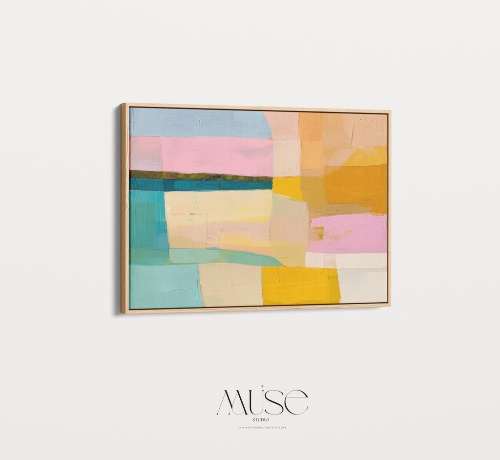 Horizontal abstract wall art with blocks of blush pink, mint green, golden yellow, and ochre in a color field style. Painted in a warm, playful palette perfect for preppy bedrooms, soft modern offices, or warm minimalist interiors. Available as a fine art poster or canvas wall art for curated, color-forward decor.