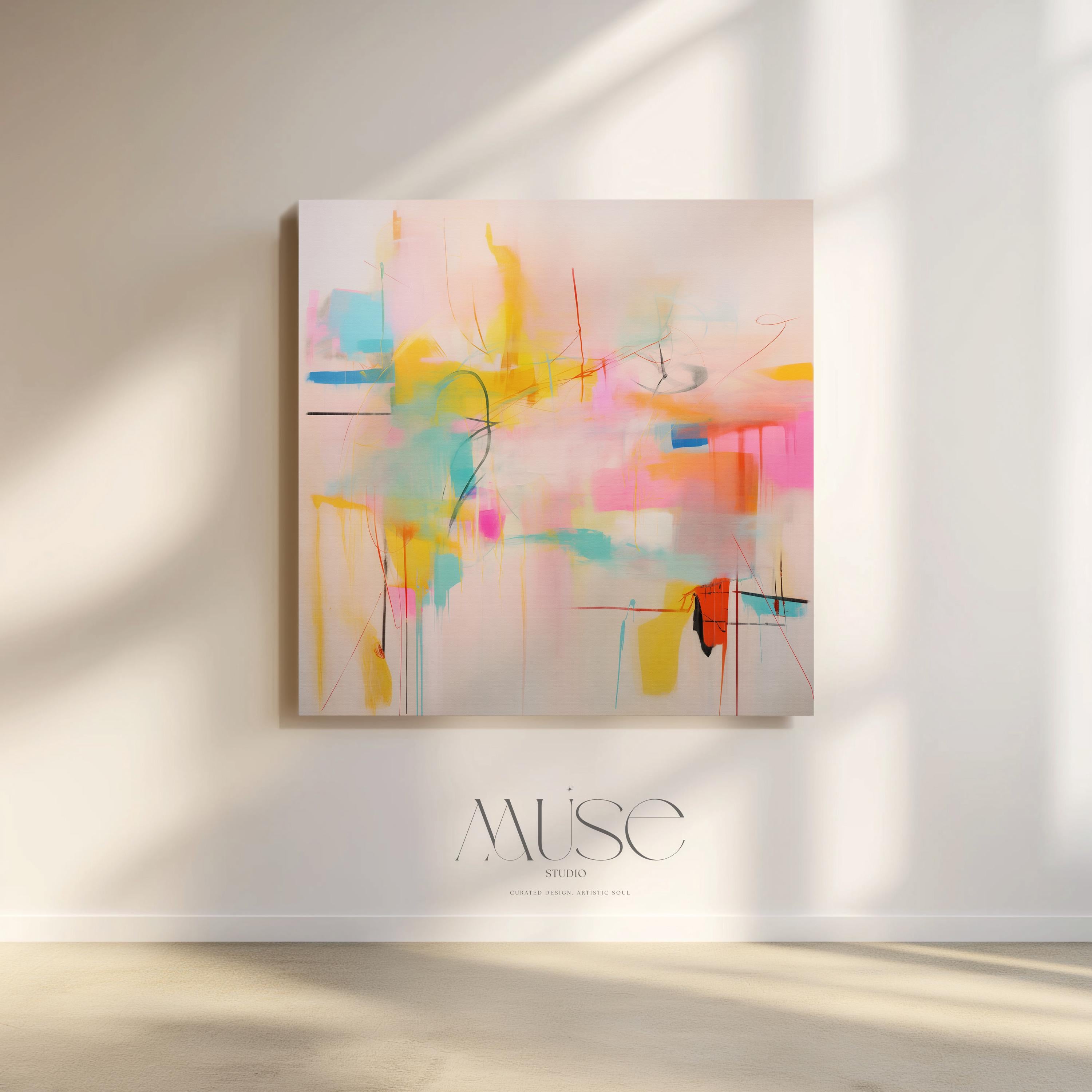 Abstract canvas wall art by Muse Studio featuring bright pink and yellow retro pop brushwork in a bold contemporary composition. MUSE 031 is styled for kids room wall decor, colorful office art, extra large living room decor, nursery wall art, and creative studio spaces, printed with museum-grade giclée inks on premium gallery-wrapped artist canvas with floating framed art options available.