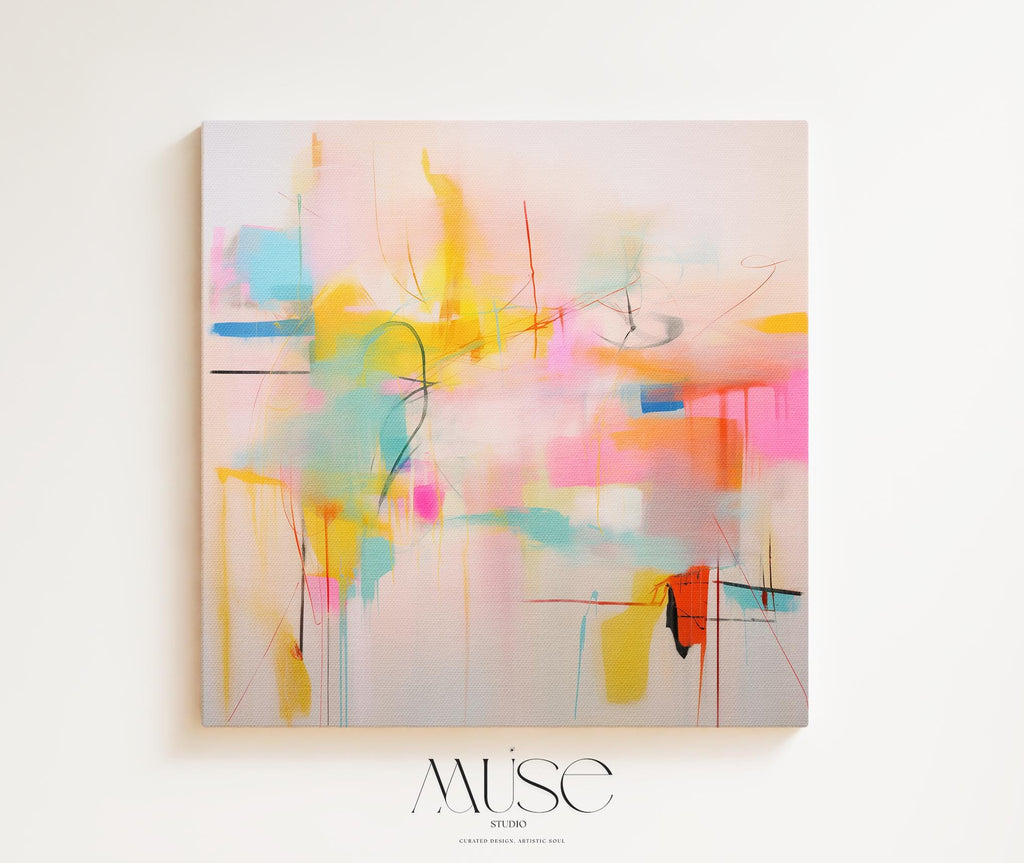 Colorful abstract wall art featuring energetic pinks, vibrant yellow, coral, and turquoise with expressive lines and movement. This high-energy color pop composition is styled for dopamine decor, eclectic interiors, and bold statement walls in living rooms or entry spaces. Available as a fine art poster or canvas wall art for curated, color-forward decor.