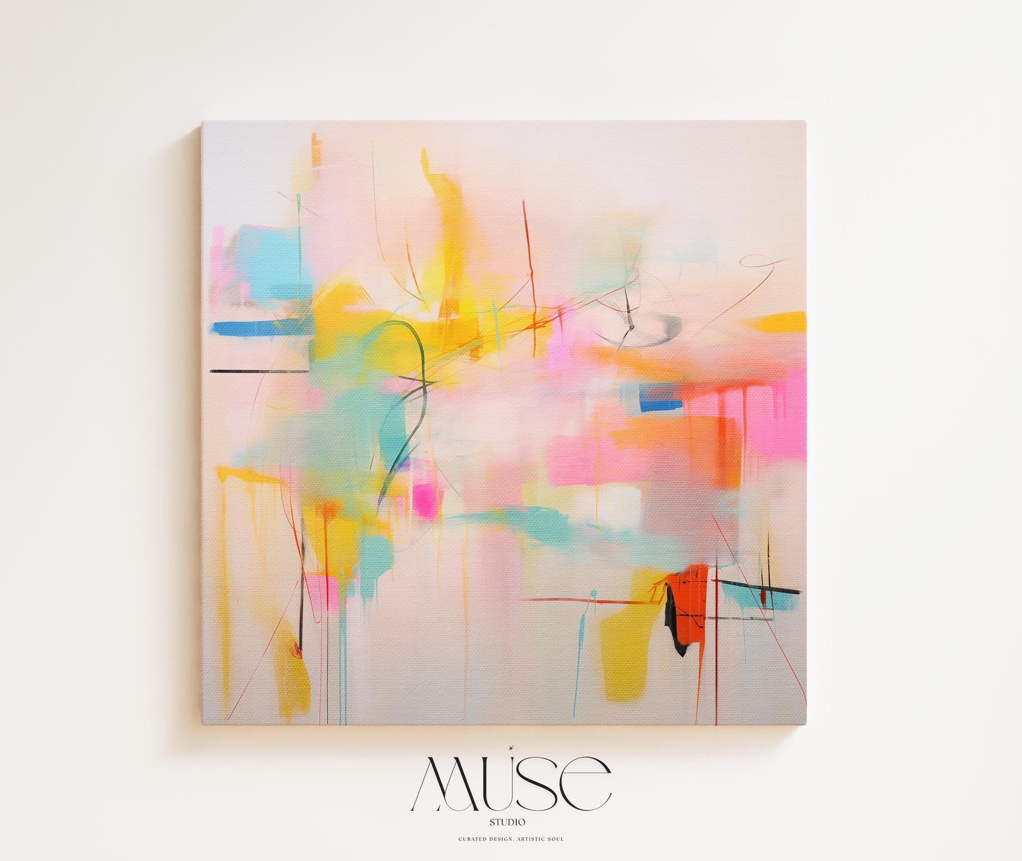 Colorful abstract wall art featuring energetic pinks, vibrant yellow, coral, and turquoise with expressive lines and movement. This high-energy color pop composition is styled for dopamine decor, eclectic interiors, and bold statement walls in living rooms or entry spaces. Available as a fine art poster or canvas wall art for curated, color-forward decor.