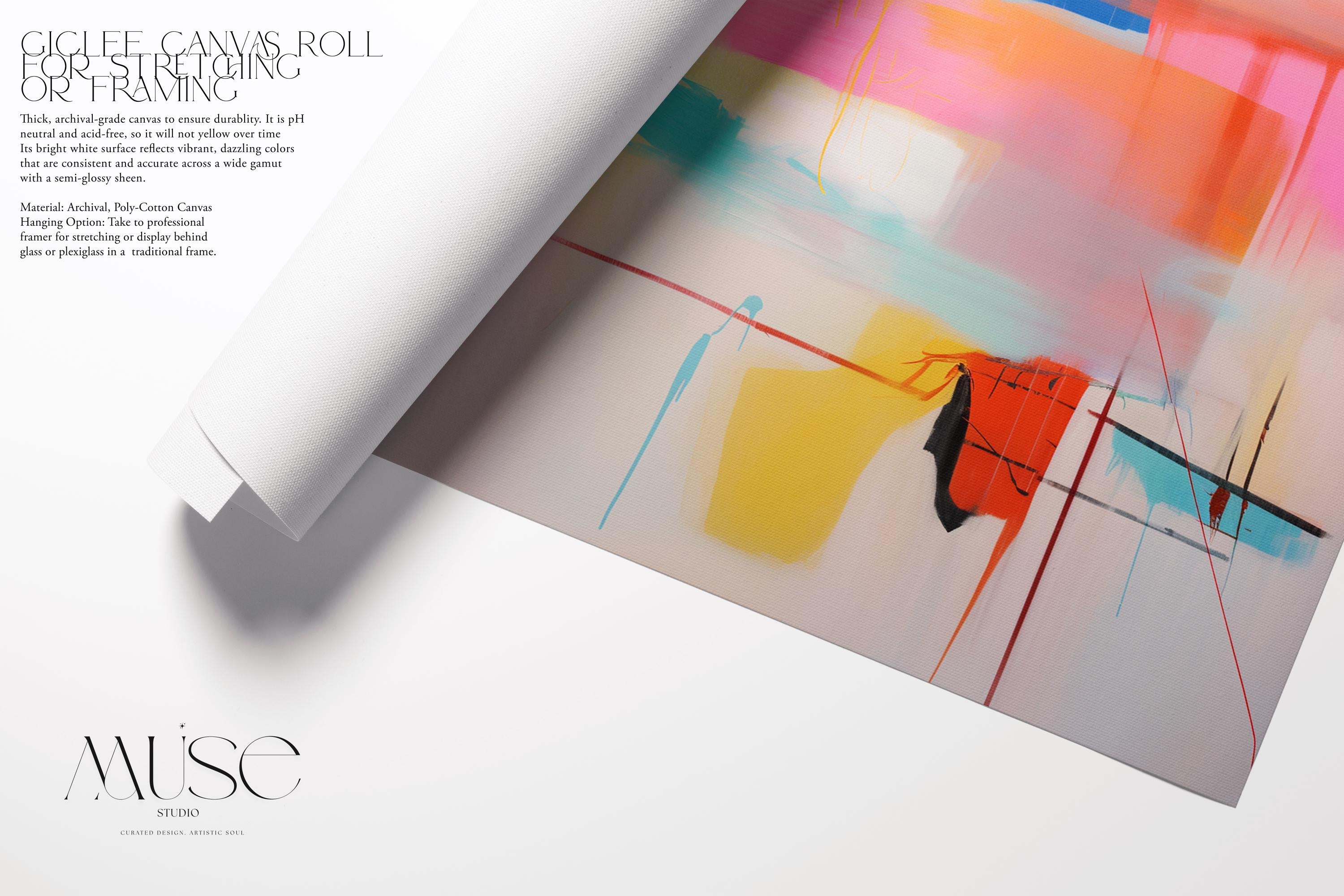 Colorful abstract wall art featuring energetic pinks, vibrant yellow, coral, and turquoise with expressive lines and movement. This high-energy color pop composition is styled for dopamine decor, eclectic interiors, and bold statement walls in living rooms or entry spaces. Available as a fine art poster or canvas wall art for curated, color-forward decor.