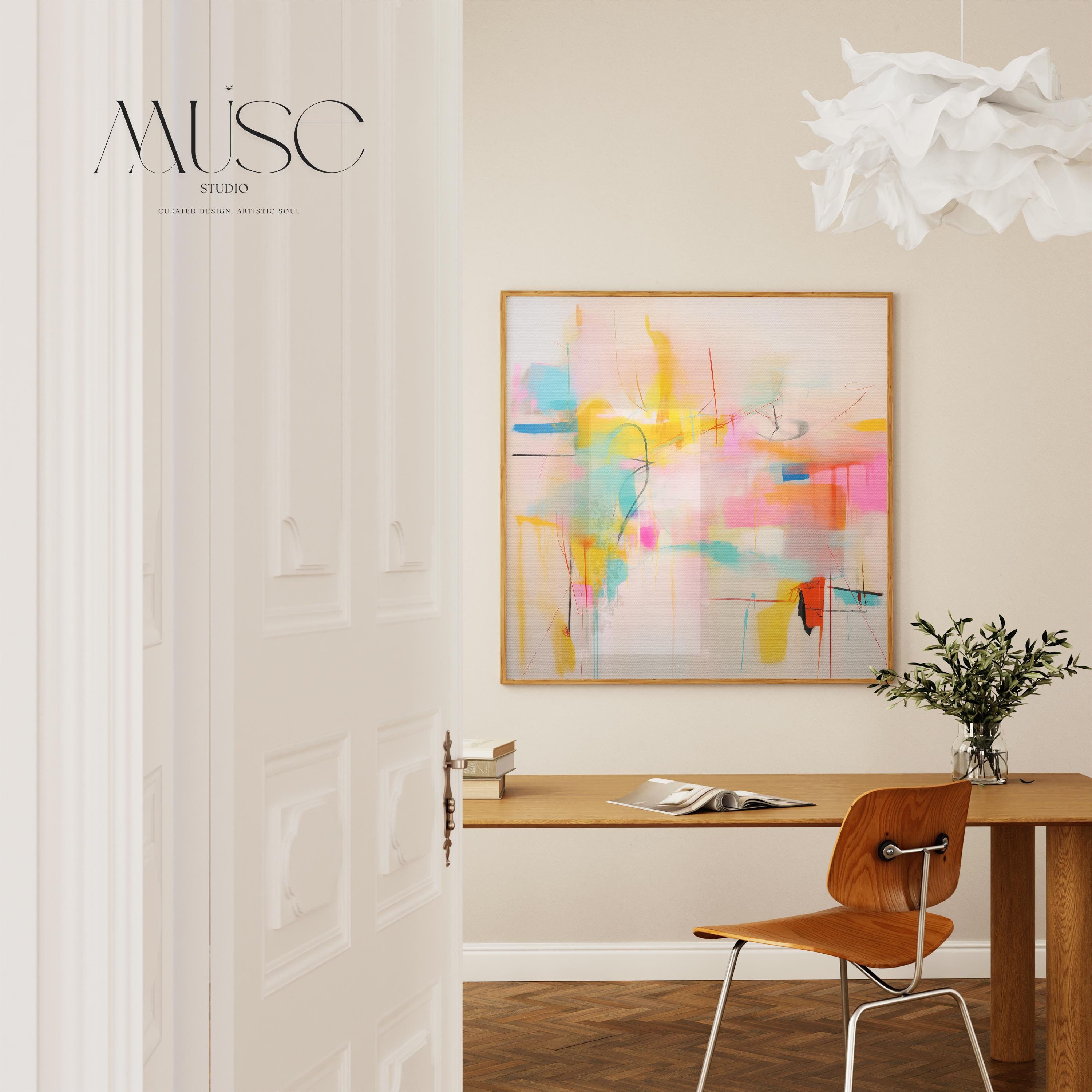 Colorful abstract wall art featuring energetic pinks, vibrant yellow, coral, and turquoise with expressive lines and movement. This high-energy color pop composition is styled for dopamine decor, eclectic interiors, and bold statement walls in living rooms or entry spaces. Available as a fine art poster or canvas wall art for curated, color-forward decor.