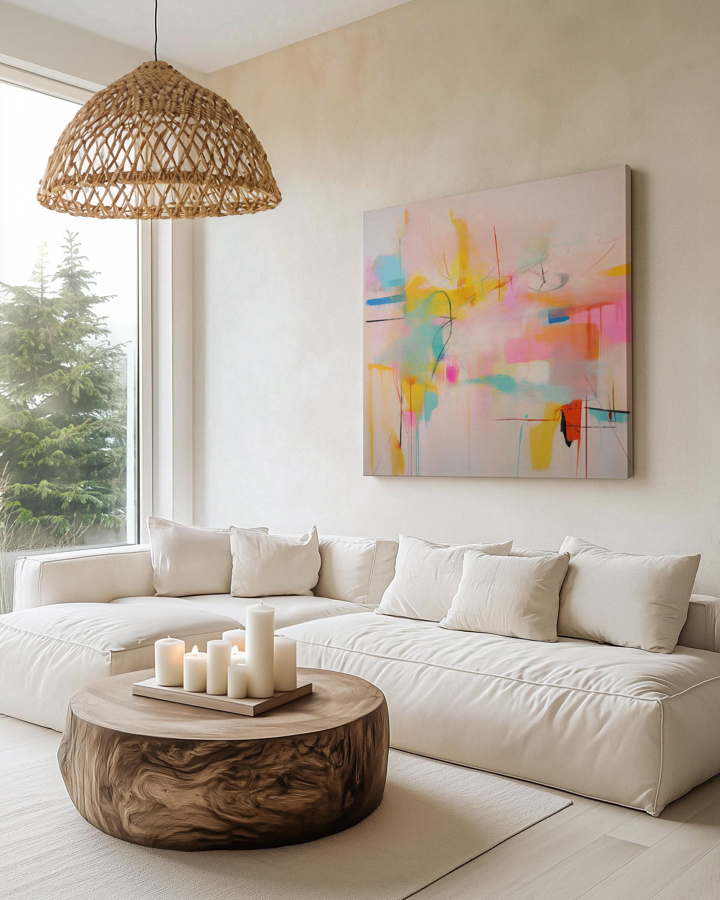 Colorful abstract wall art featuring energetic pinks, vibrant yellow, coral, and turquoise with expressive lines and movement. This high-energy color pop composition is styled for dopamine decor, eclectic interiors, and bold statement walls in living rooms or entry spaces. Available as a fine art poster or canvas wall art for curated, color-forward decor.