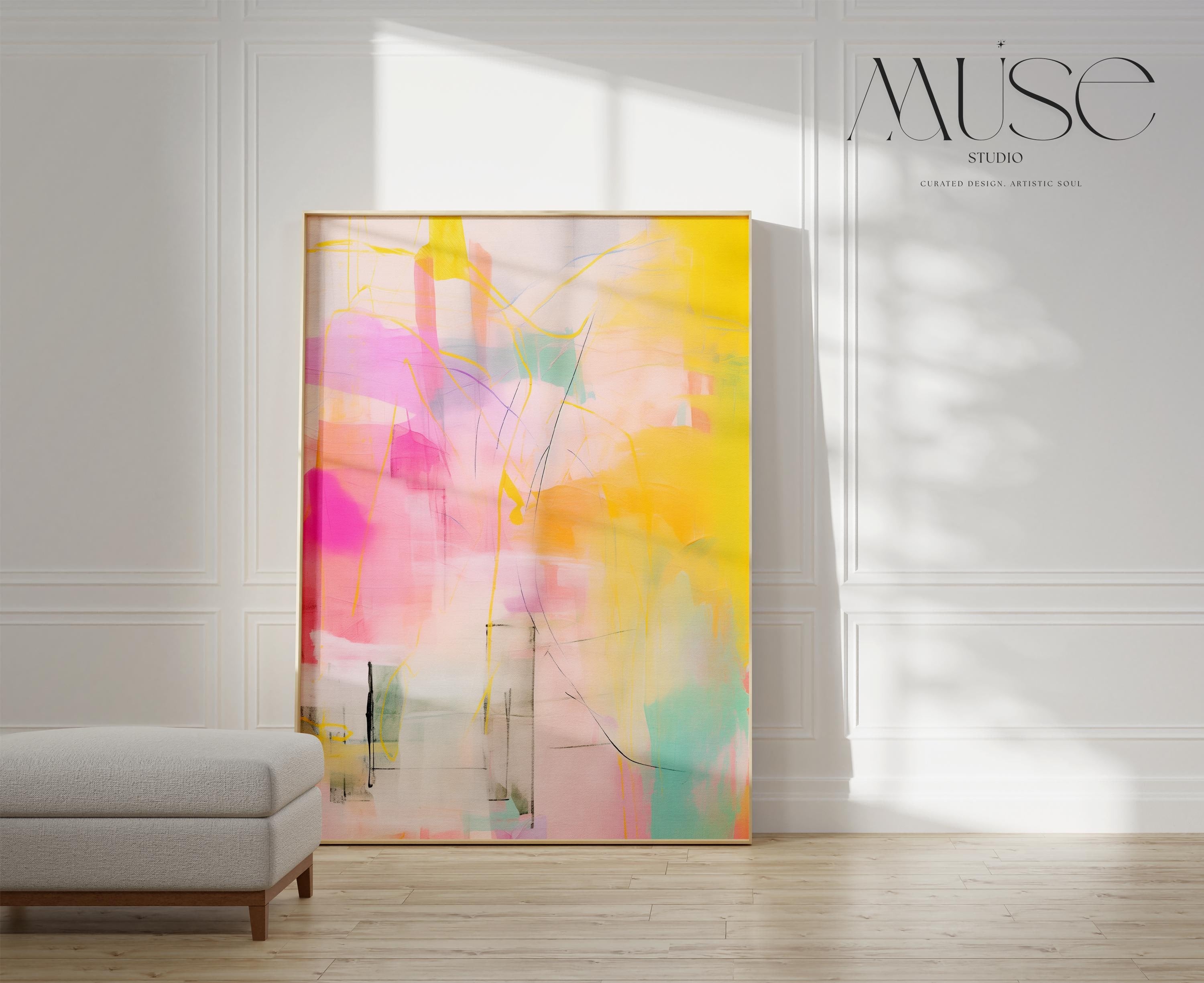Vertical colorful abstract wall art featuring yellow, pink, and turquoise brushstrokes in a boho-inspired style. Ideal for bright, joyful living rooms or creative studio spaces. Available as large canvas or framed wall art by Muse Studio.