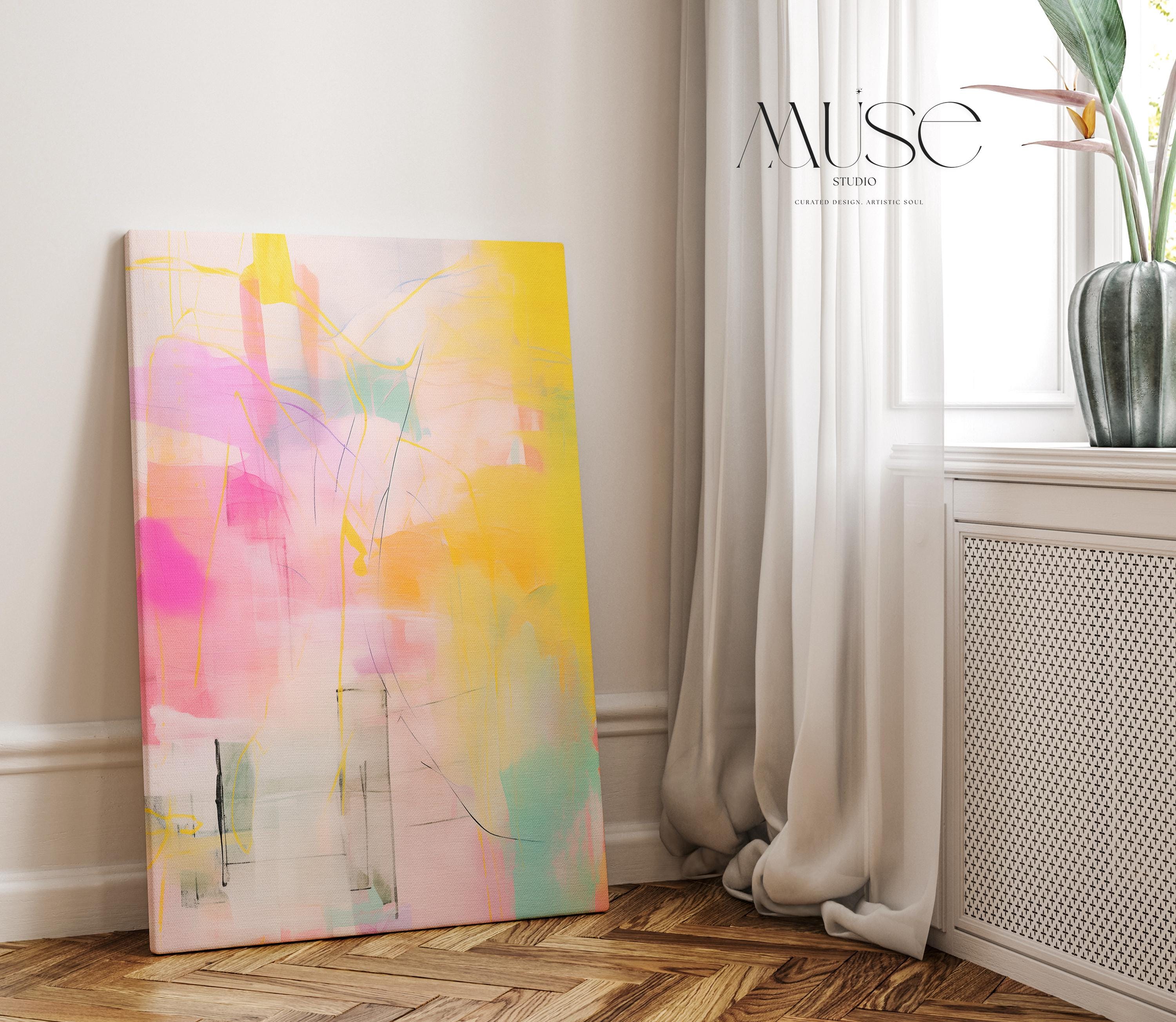 Bright abstract painting in vertical orientation featuring bold blends of yellow, pink, orange, and turquoise with layered linear details. The expressive brushwork and energetic palette bring a playful yet curated feel, aligning with boho decor and color pop interiors. Ideal for vertical placements like entryways, hallways, or feminine bedrooms. Available as a fine art poster or canvas wall art for curated, color-forward decor.