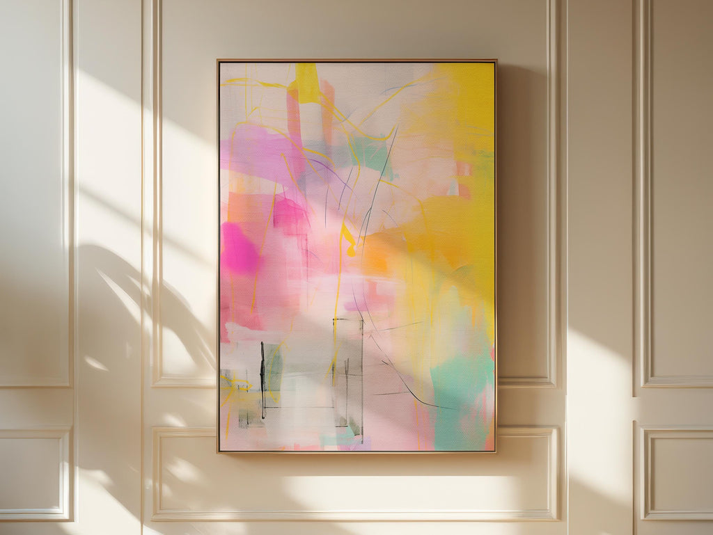 Vertical colorful abstract wall art featuring yellow, pink, and turquoise brushstrokes in a boho-inspired style. Ideal for bright, joyful living rooms or creative studio spaces. Available as large canvas or framed wall art by Muse Studio.